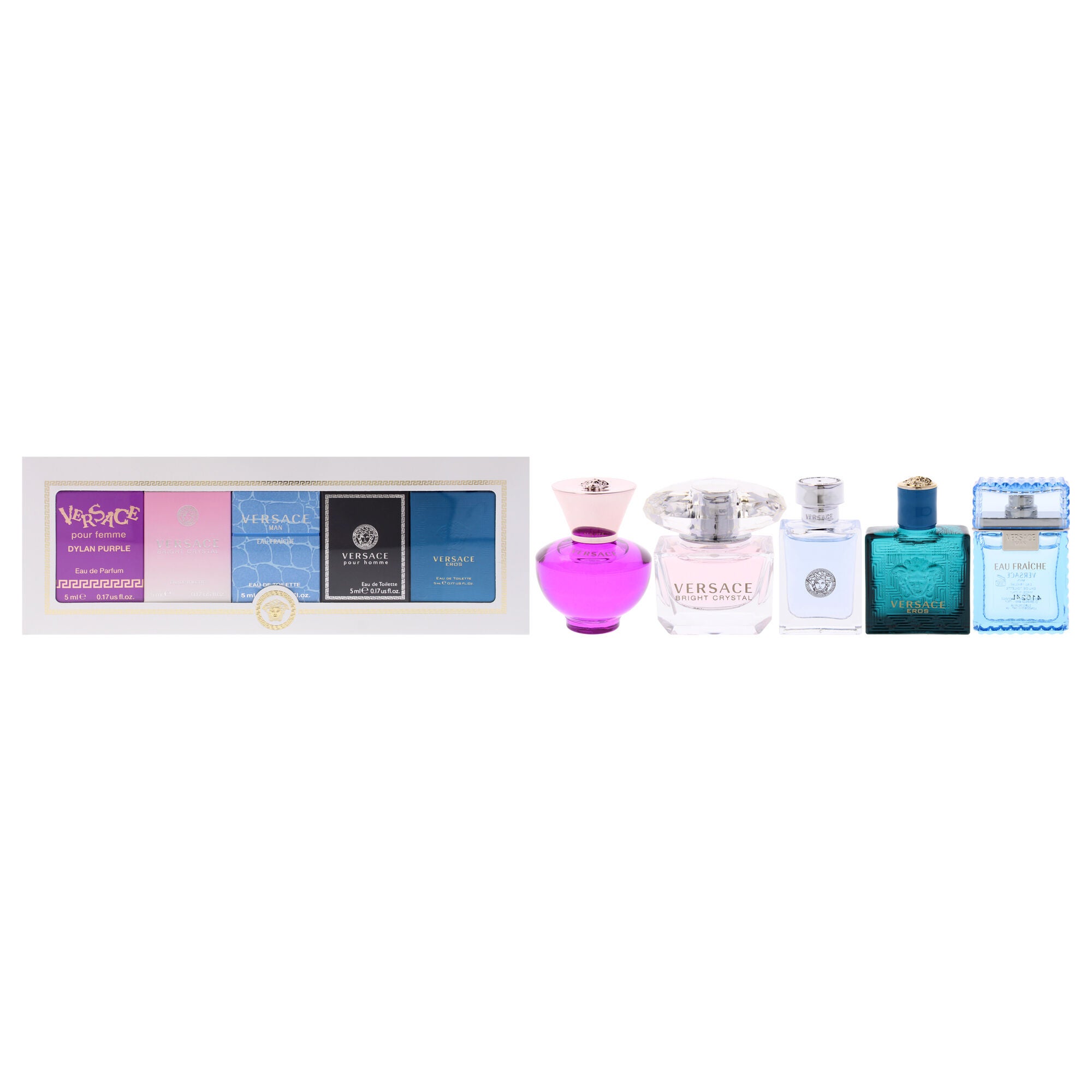 Versace Miniatures Collection by Versace for Unisex - 5 Pc Mini Gift Set 0.17oz Versace Dylan Purple EDP Splash, 0.17oz Versace Bright Crystal EDT Splash, 0.17oz Versace EDT Splash, 0.17oz Versace Pour Homme EDT Splash, 0.17oz Versace Eros EDT Splash, Clear, hi-res image number 0