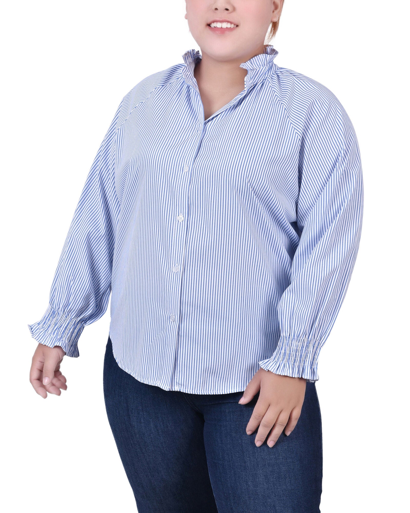 Long Sleeve Button Front Blouse, BlueTorterella, hi-res image number 0