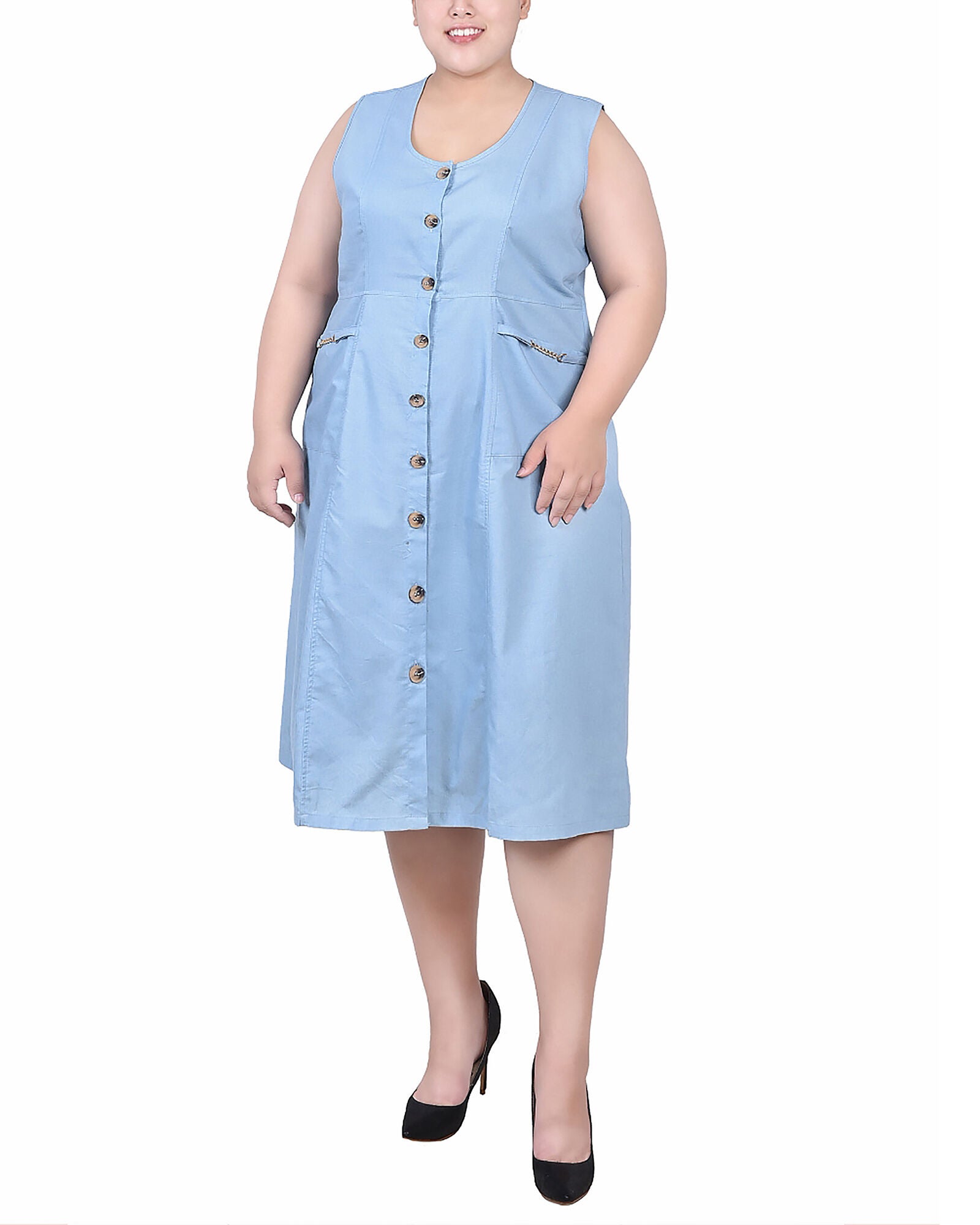 Sleeveless Chambray Dress With Hardware, LightDenim, hi-res image number 0