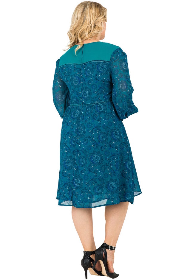 Plus Size Women Knee-Length Puff Sleeve Teal Chiffon Dress, , alternate image number 2