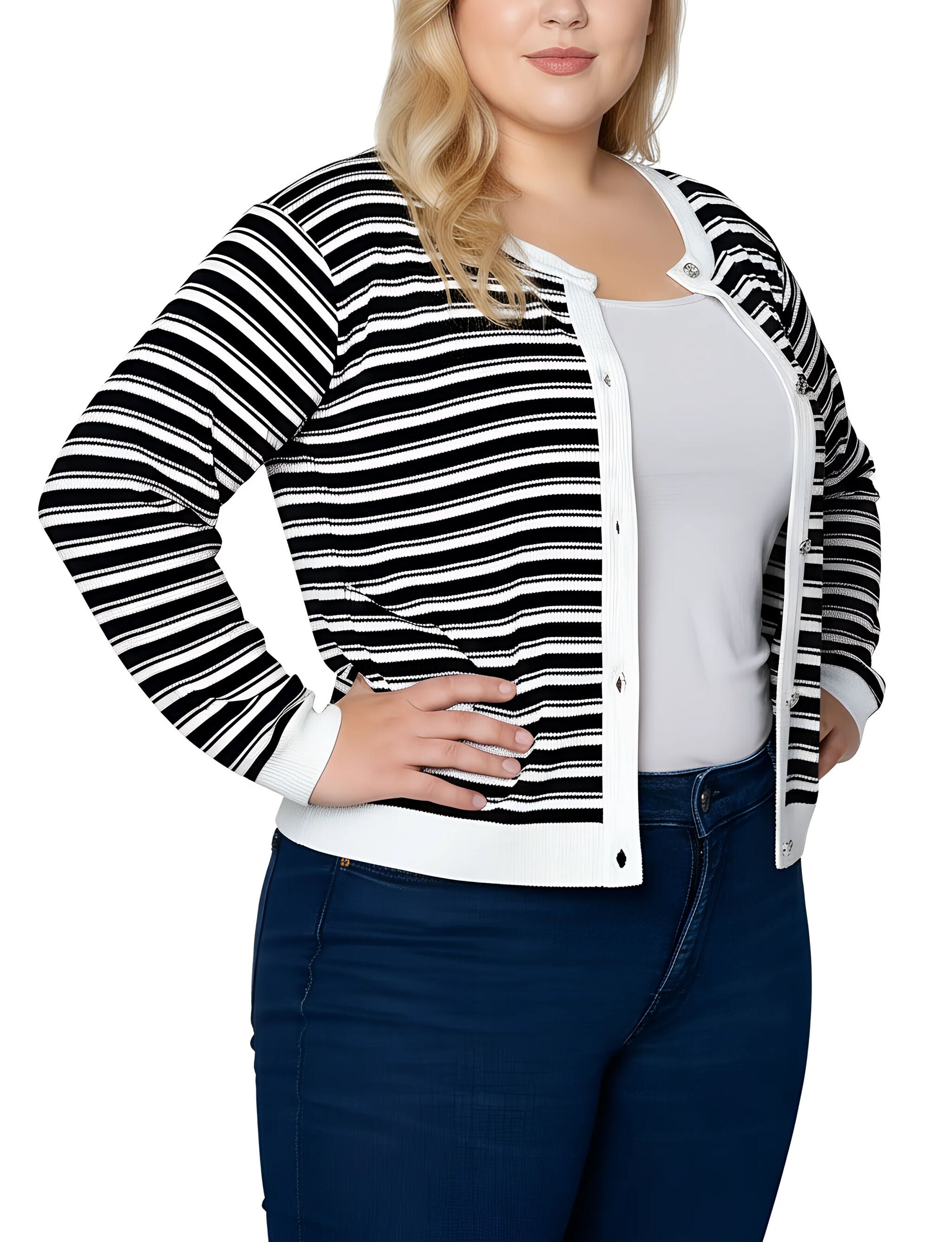 Plus Size Long sleeve Ribbed Cardigan, Black White Stripe, alternate image number 1