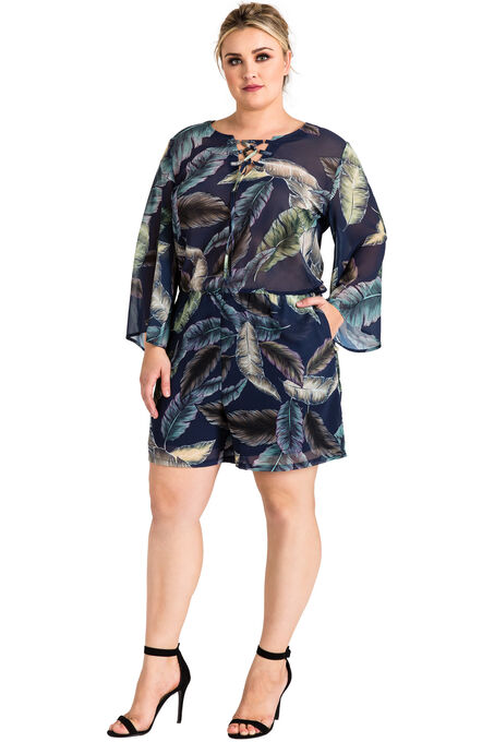 Plus Size Women's Tropical Leaf Bell Sleeve Lace-Up Romper, Leaf Print, hi-res image number null