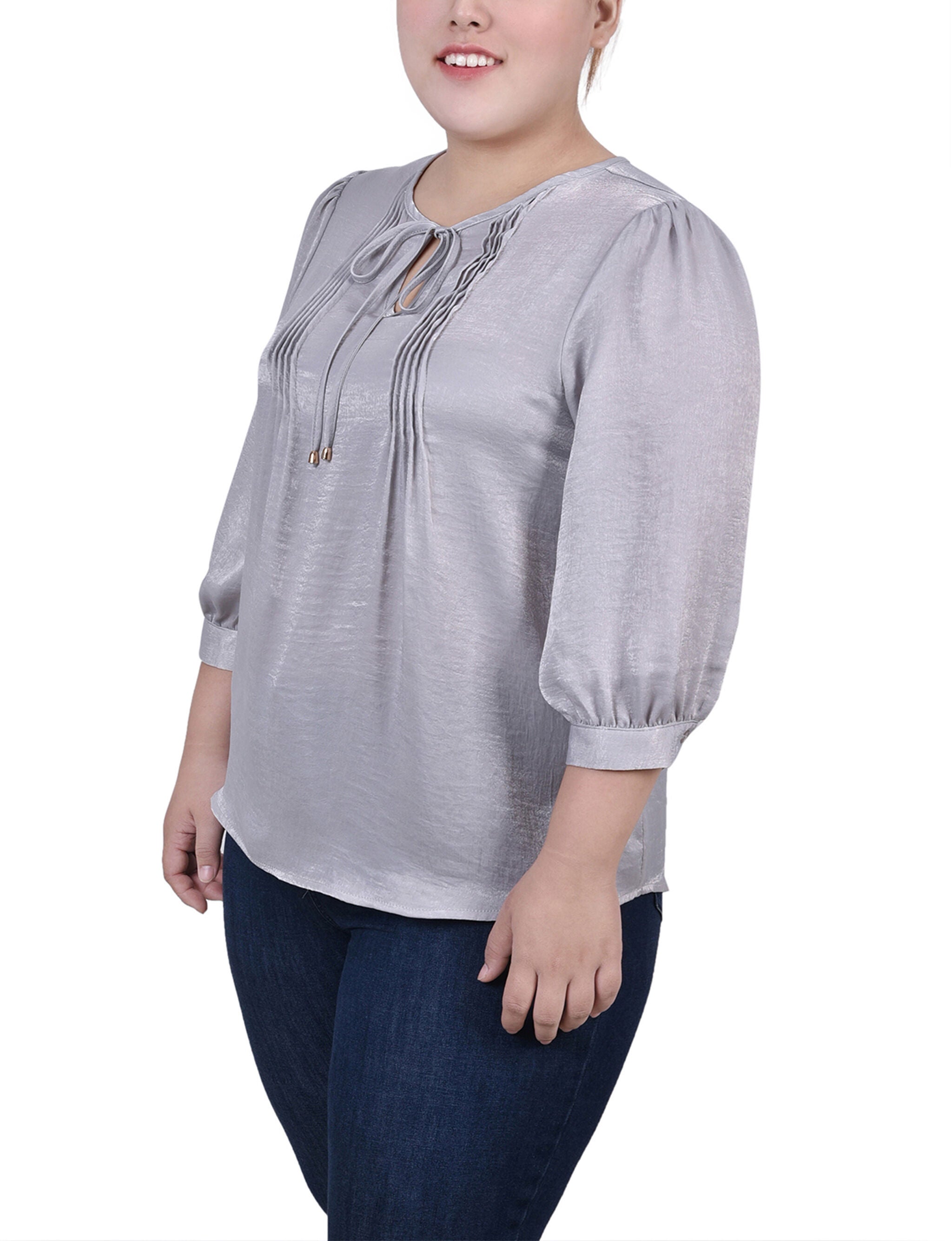 Elbow Sleeve Satin Blouse, Light Grey, alternate image number 1