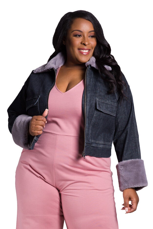 Women's Plus Size Zip Up Faux Fur Trim Trucker Jacket, Vintage, hi-res image number null