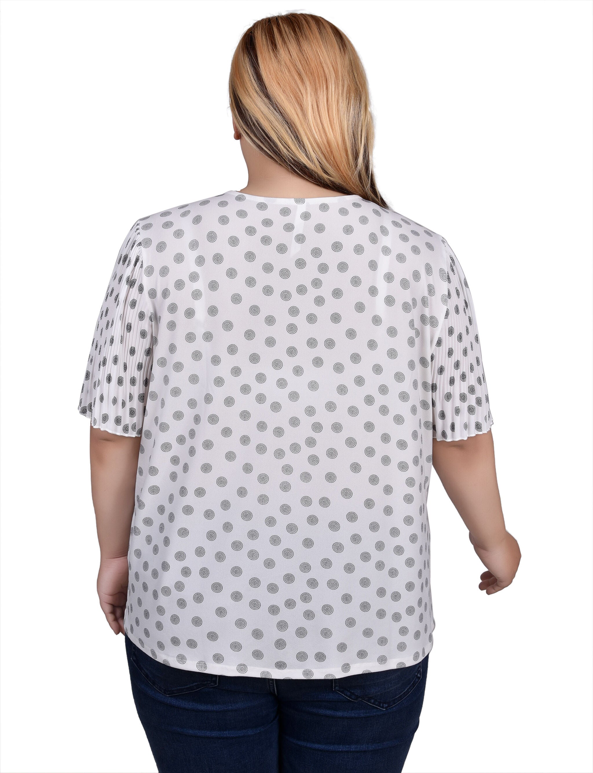 Pleated-Sleeve Top, White Black Dotcircl / white, alternate image number 1