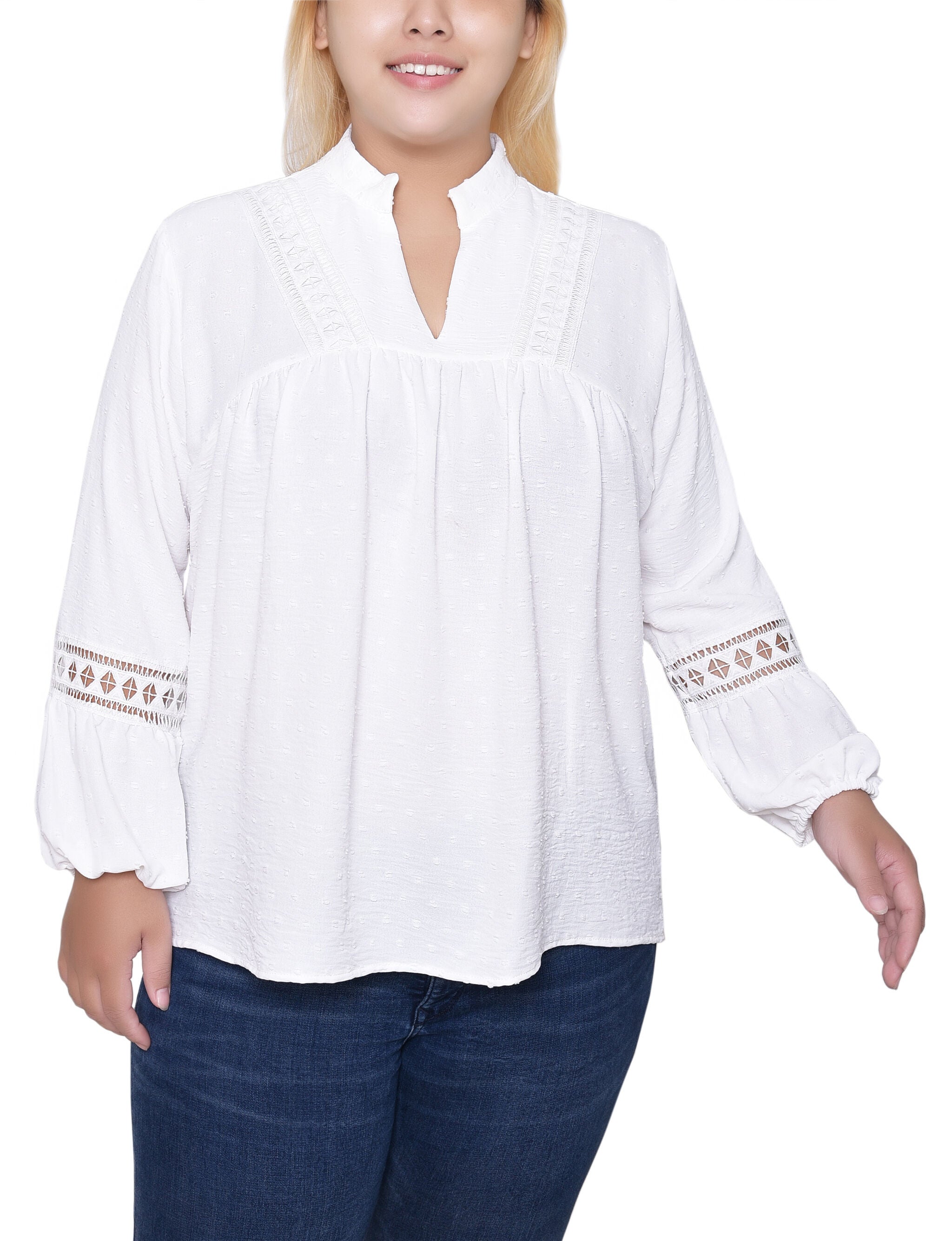 Long Sleeve Blouse With Crochet Trim, Ivory, hi-res image number 0