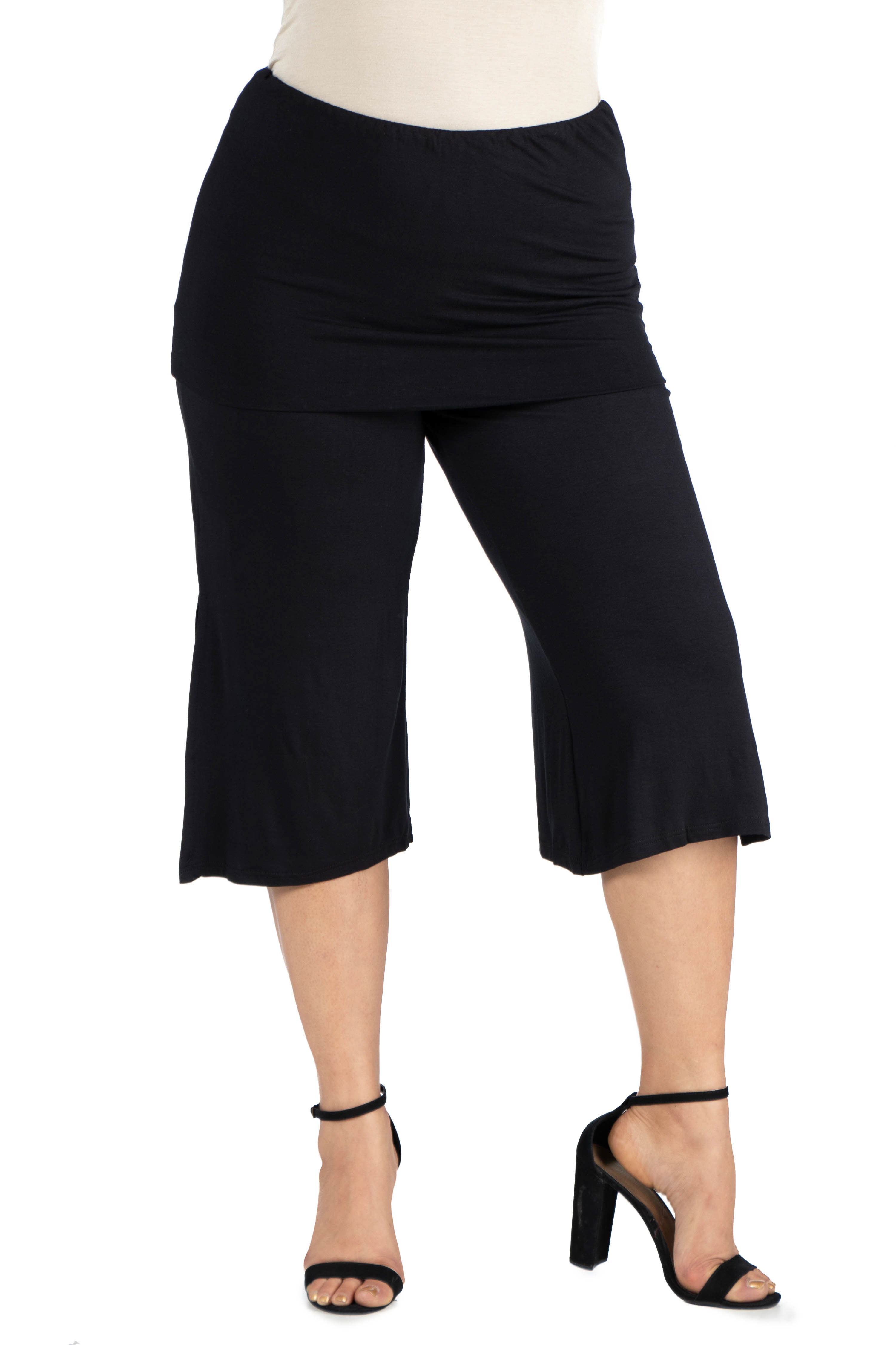 Foldover Waist Plus Size Cropped Pants, Black, hi-res image number 0