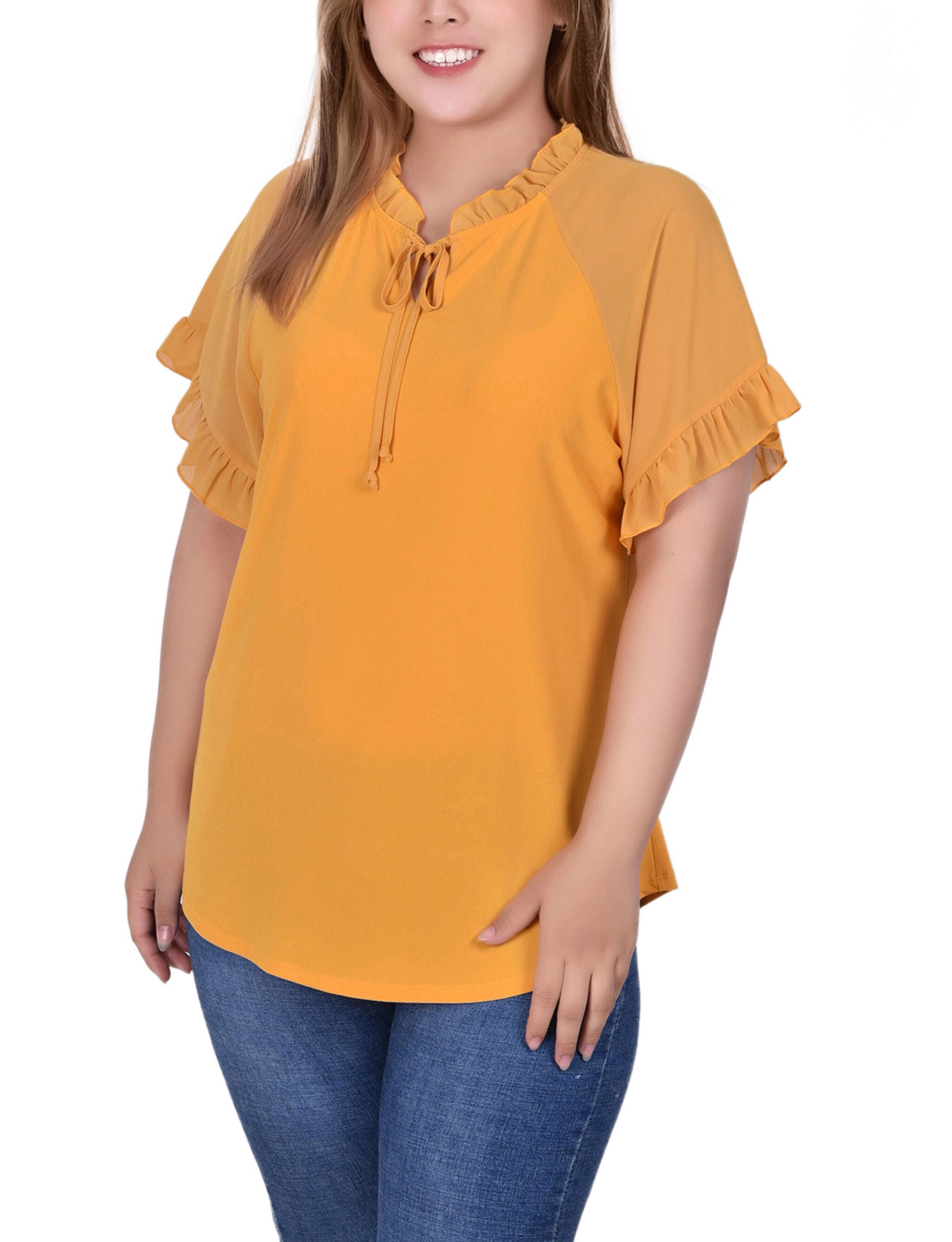 Short Ruffled Sleeve Crepe Knit Top With Chiffon Sleeves, Golden Glow, hi-res image number 0
