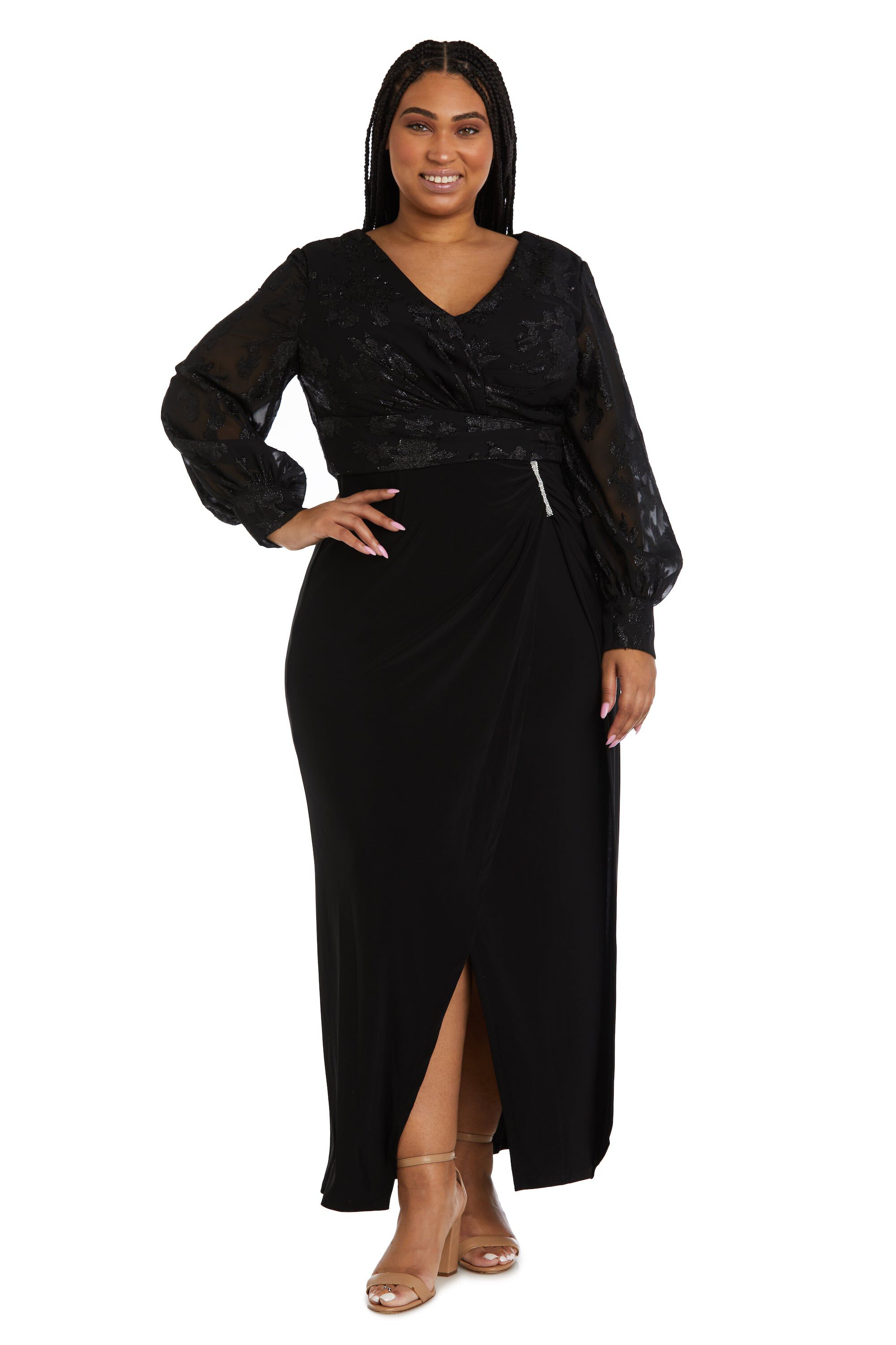 Nightway Long Sleeve Rhinestone Evening Gown - Plus, Black, hi-res image number 0