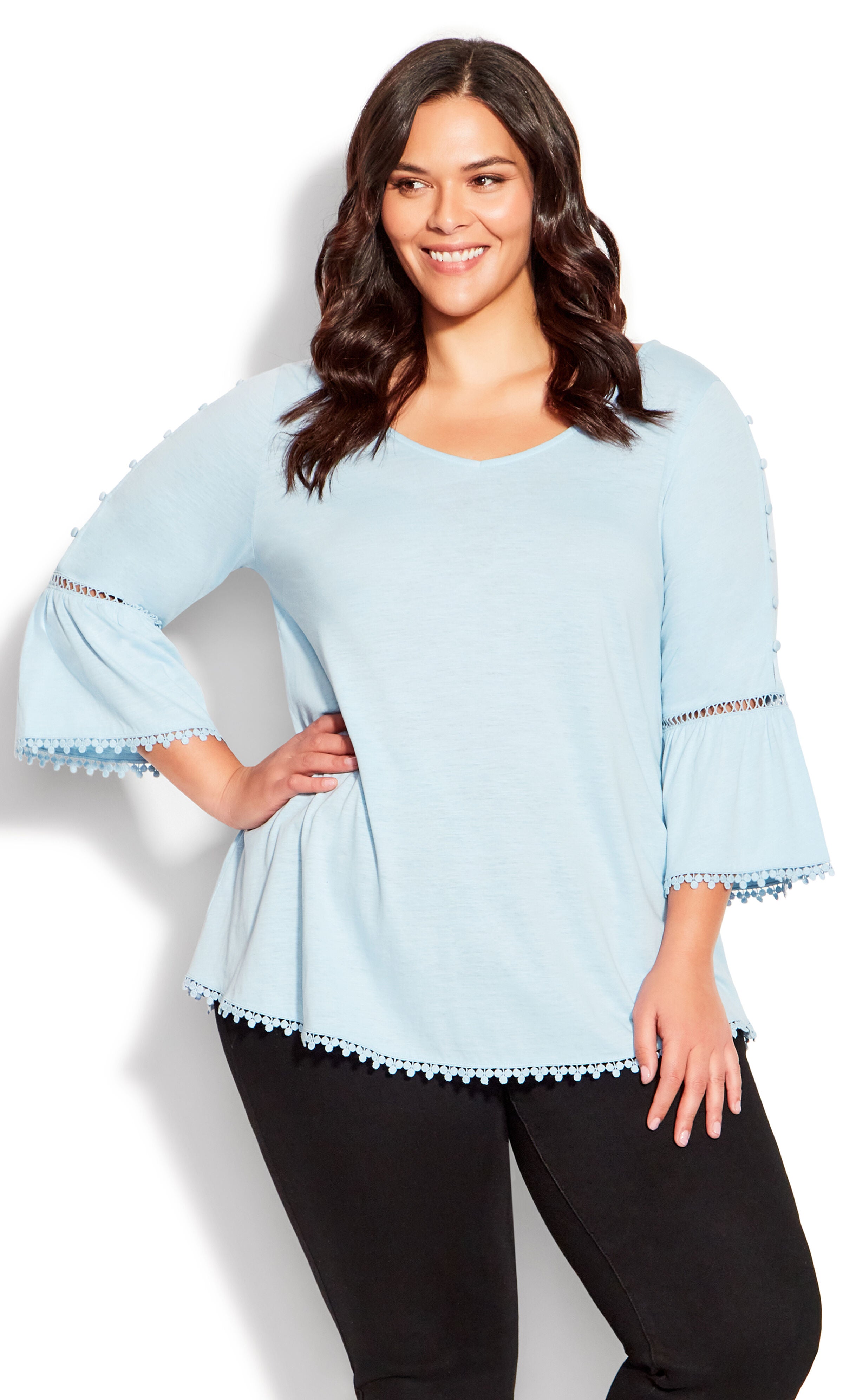 Crochet Split Sleeve Top - chambray blue, Blue, hi-res image number 0