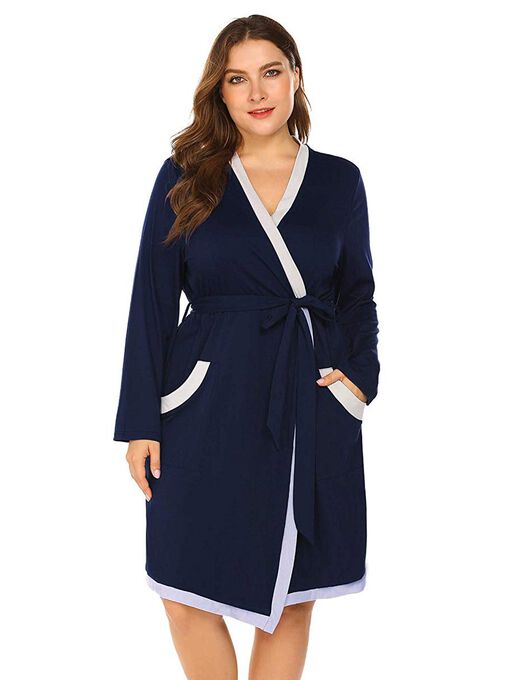 Contrast Trim Soft Robe, Navy, hi-res image number null