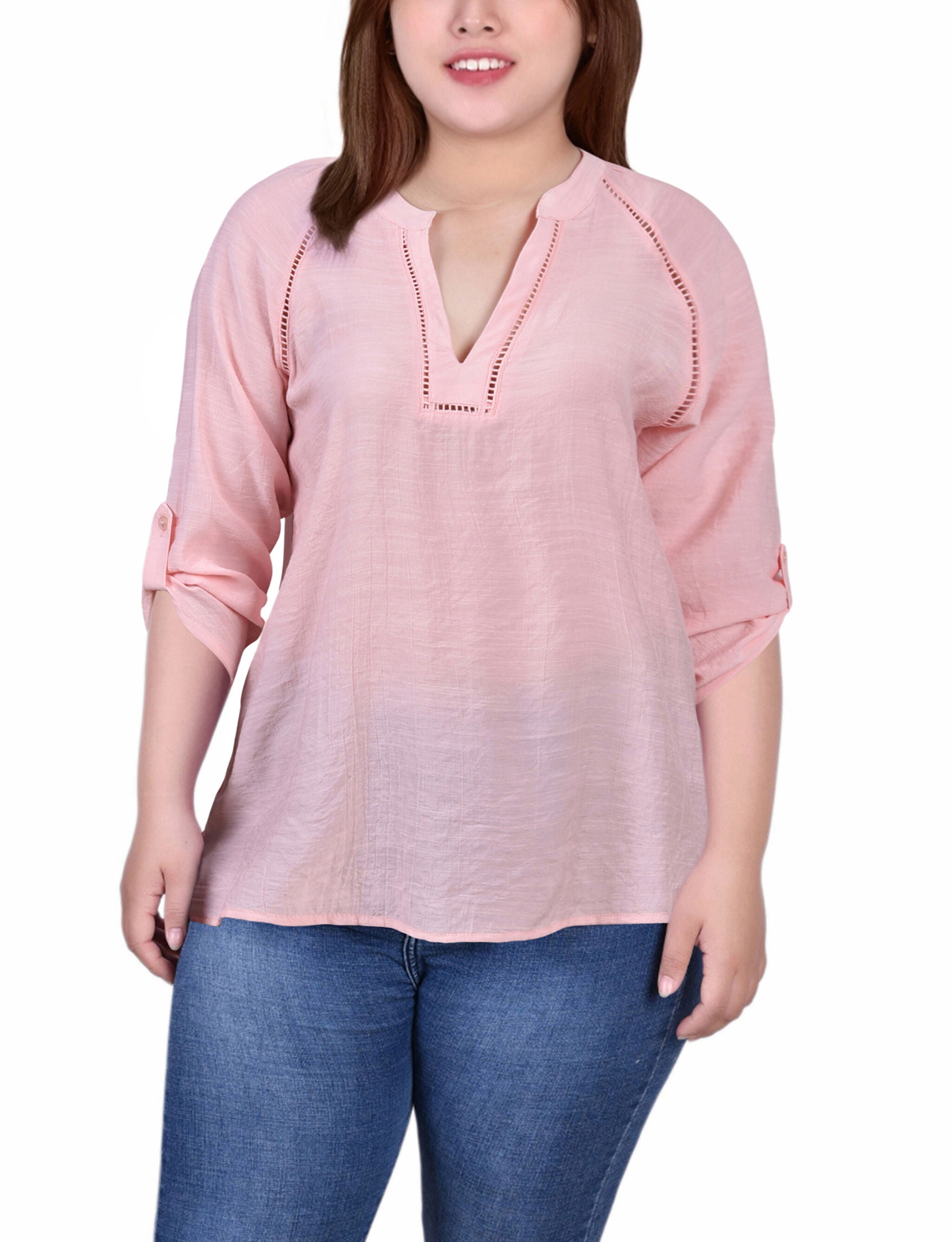 Raglan Sleeve Split Neck Blouse, Shell Pink, hi-res image number 0