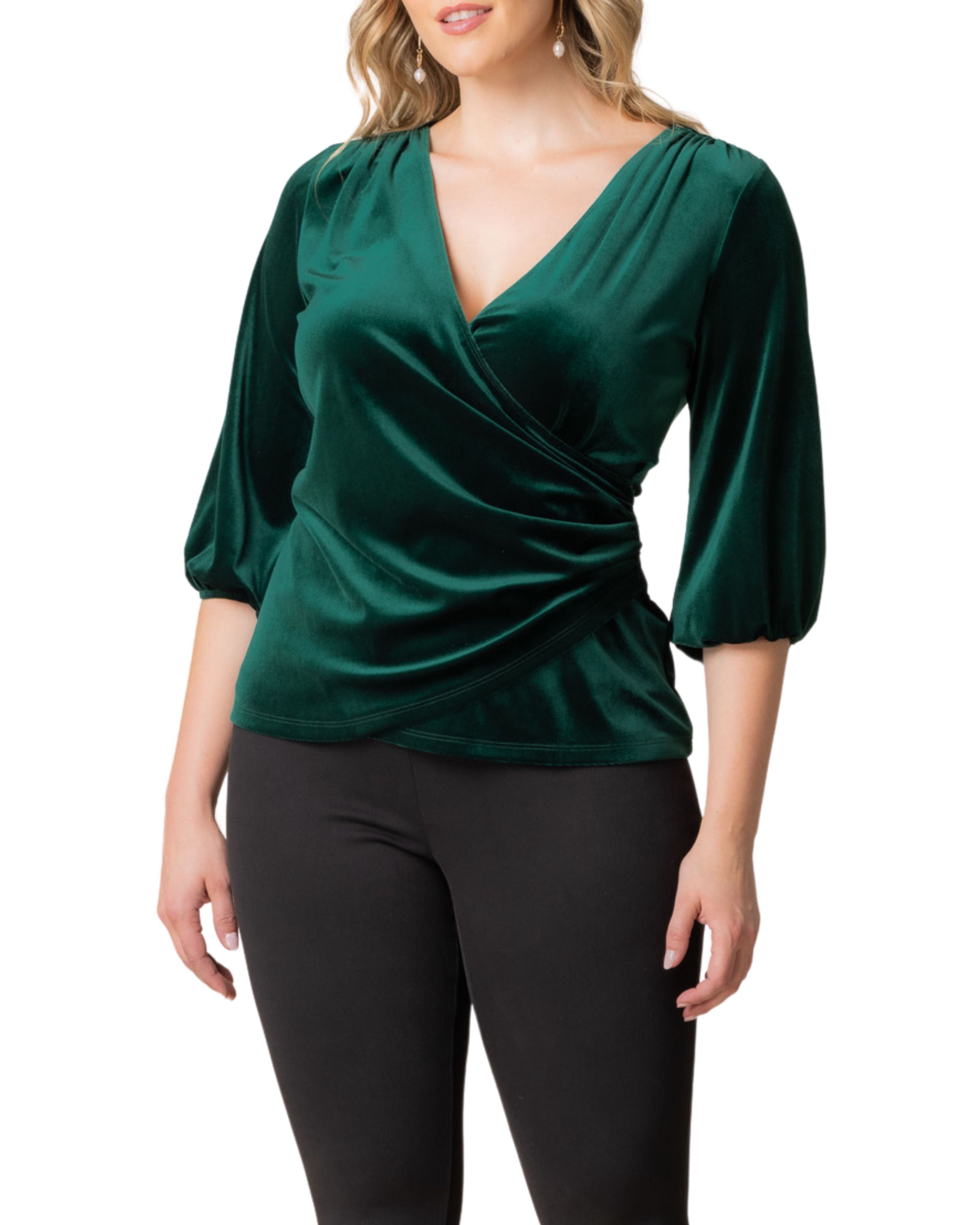 ODETTE VELVET FAUX WRAP TOP, EMERALD GREEN / Hunter Green, hi-res image number 0