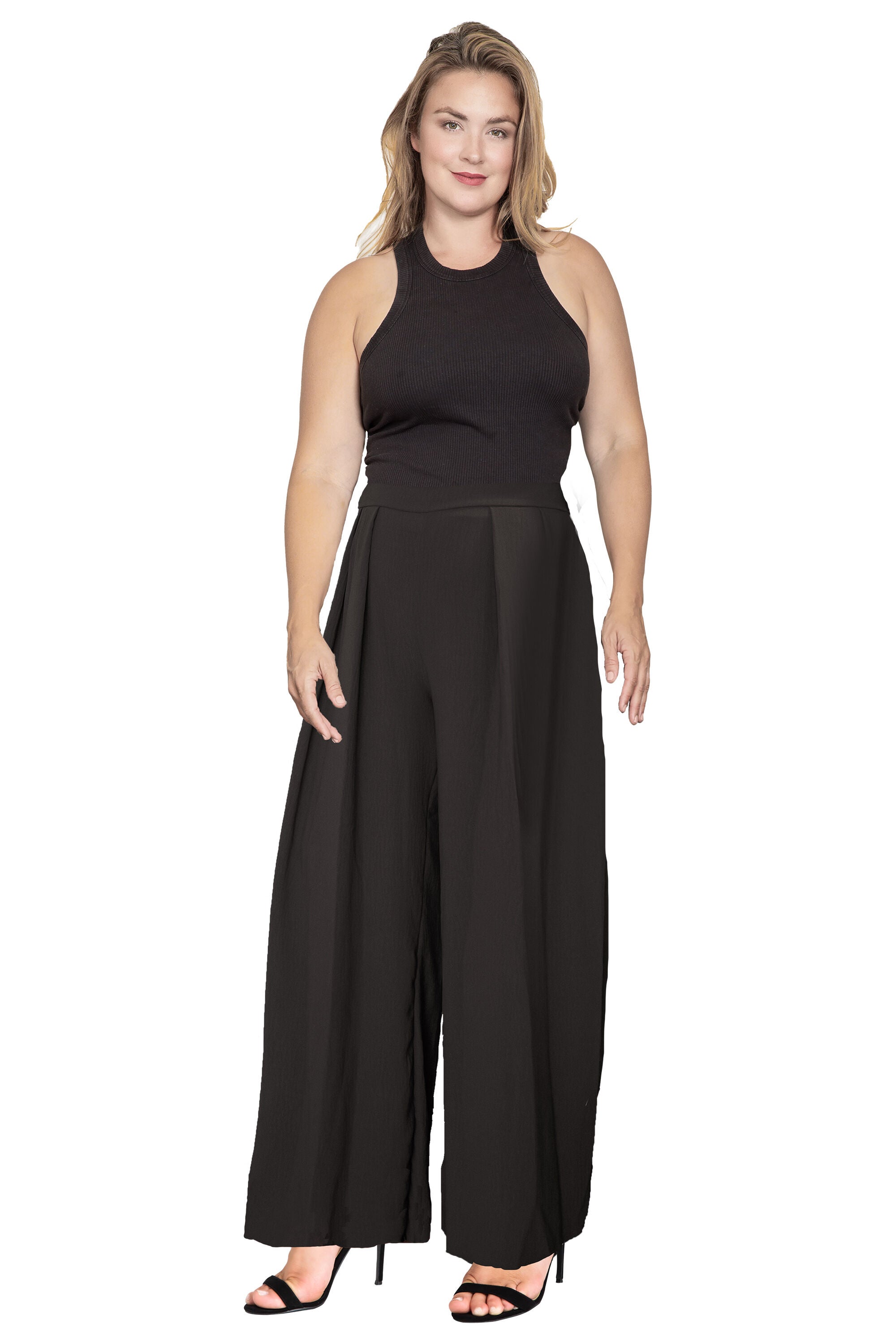 Plus Size Women's High Rise Palazzo Wide Leg Pant, Black / Black, alternate image number 3