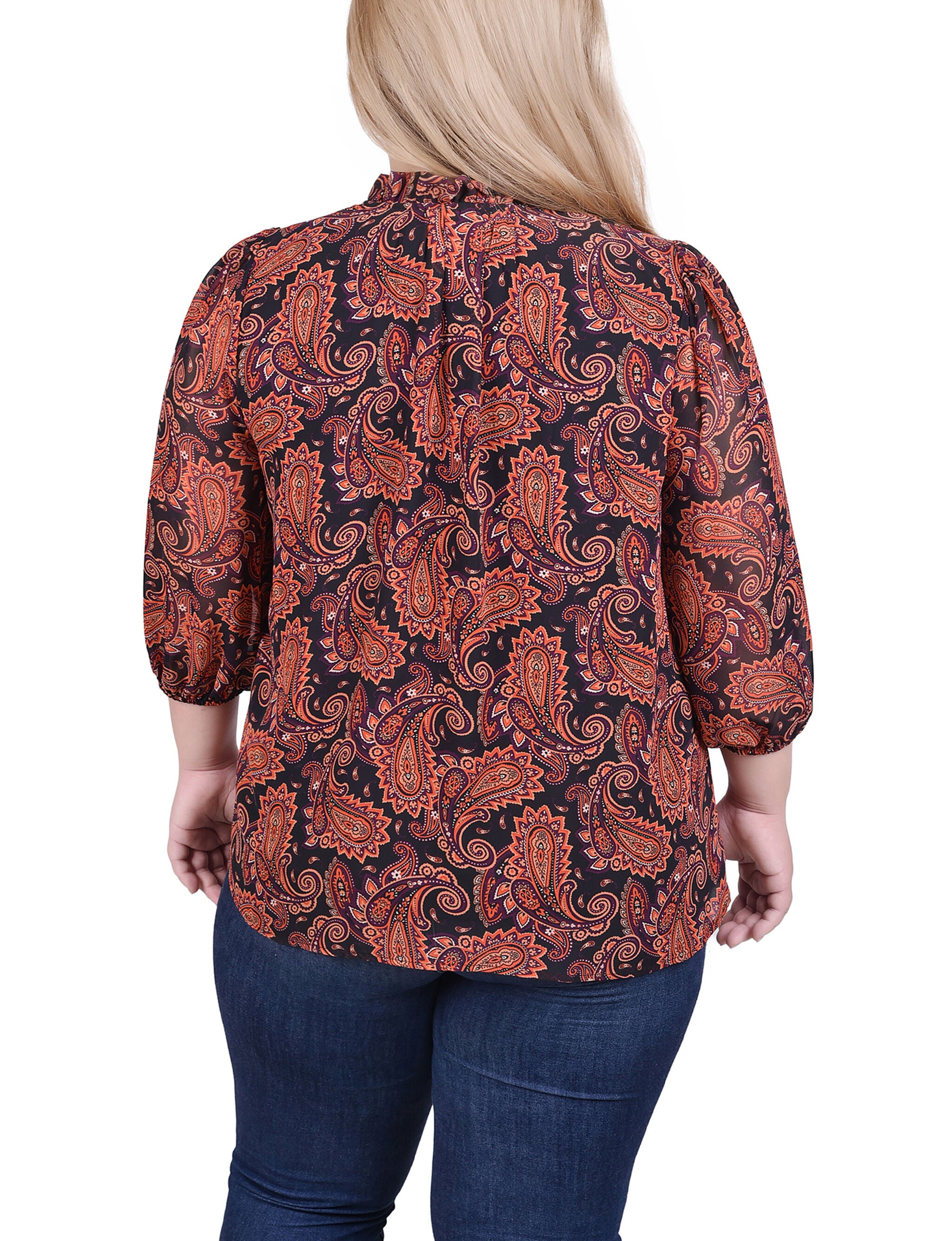 3/4 Sleeve Chiffon Blouse, Rust Black Paisley, alternate image number 2