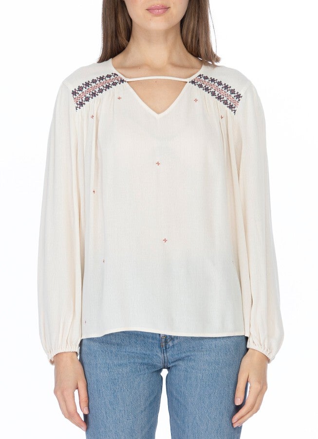 Long Sleeve Embroidered Shoulder Blouse, Cream, hi-res image number null