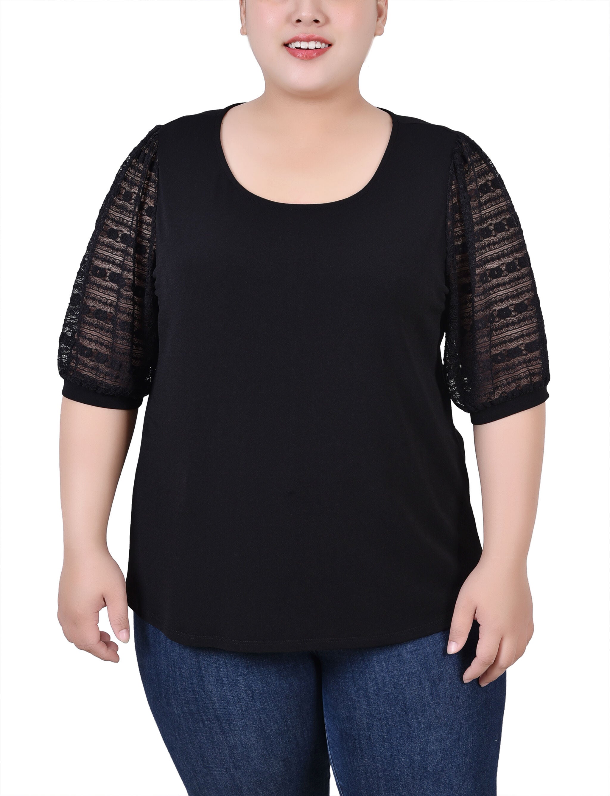 Short Burnout Sleeve Scoop Neck Top, Black, hi-res image number 0