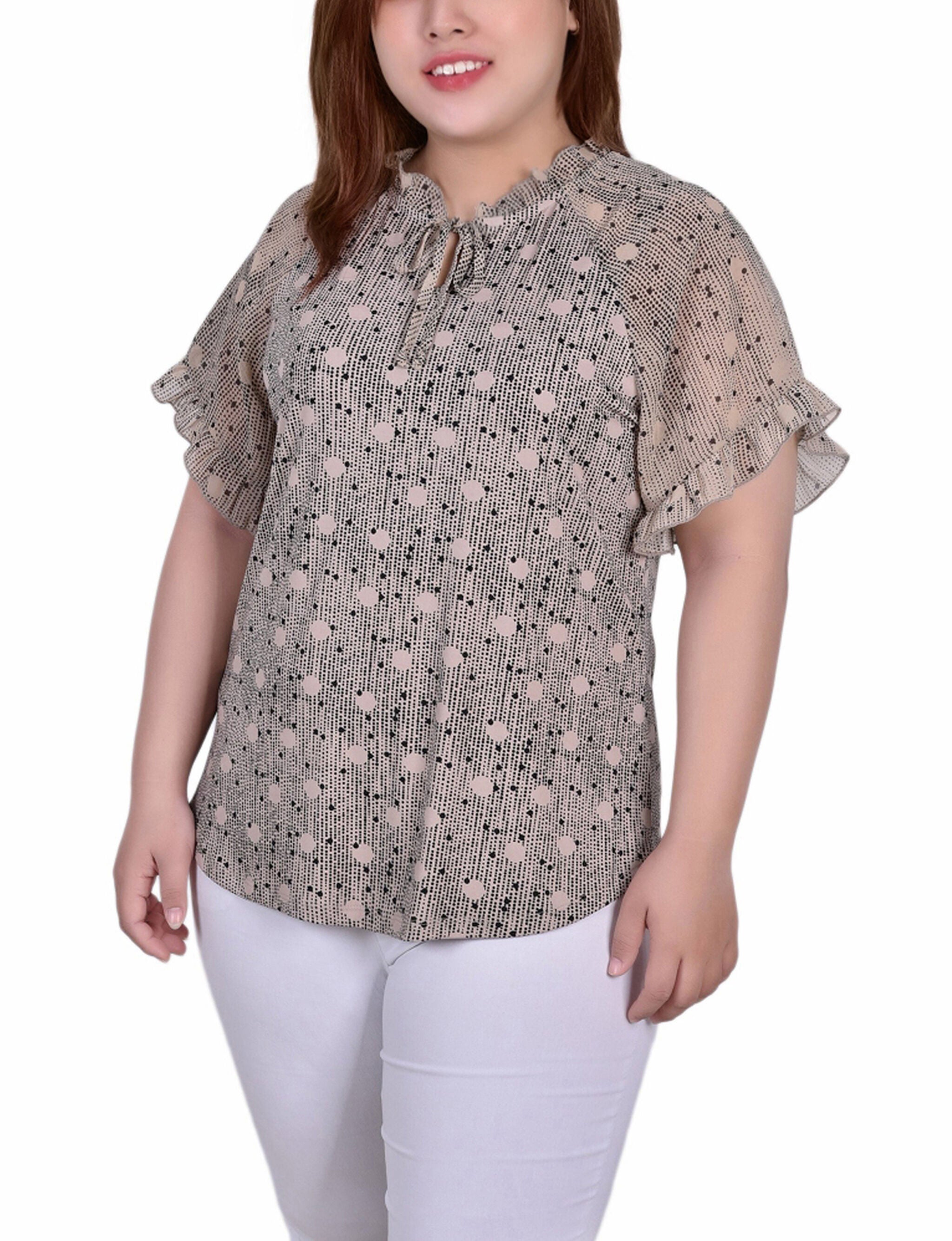 Short Ruffled Sleeve Crepe Knit Top With Chiffon Sleeves, Doeskin Nursedot, hi-res image number 0