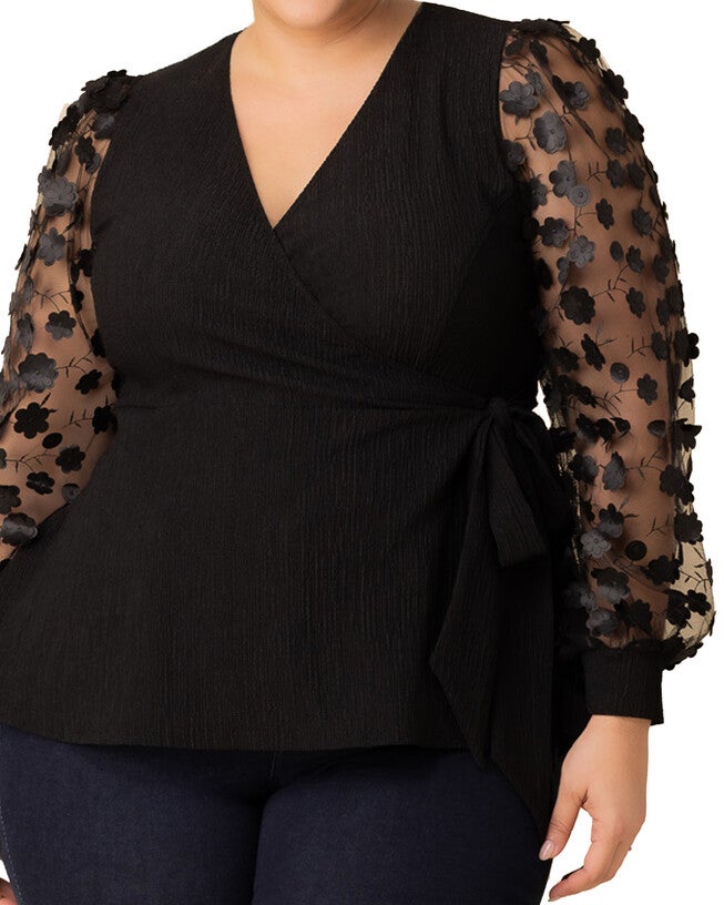 Scattered Petals Long Sleeve Wrap Top, ONYX BLOSSOMS / Black, alternate image number 2