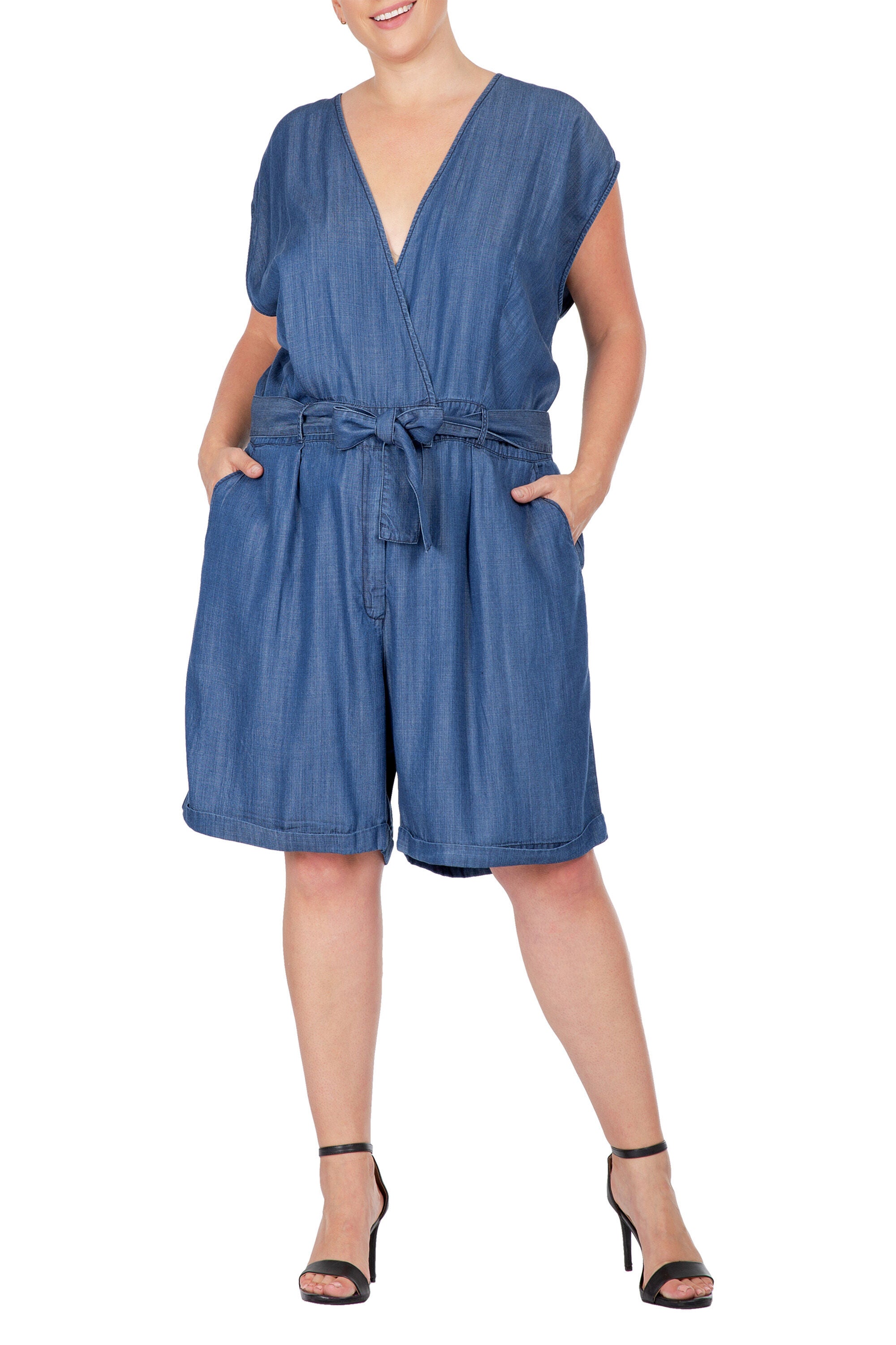 Women's Plus Size Cap Sleeve V-neck Front Tie Romper, Indigo Rinse, hi-res image number 0
