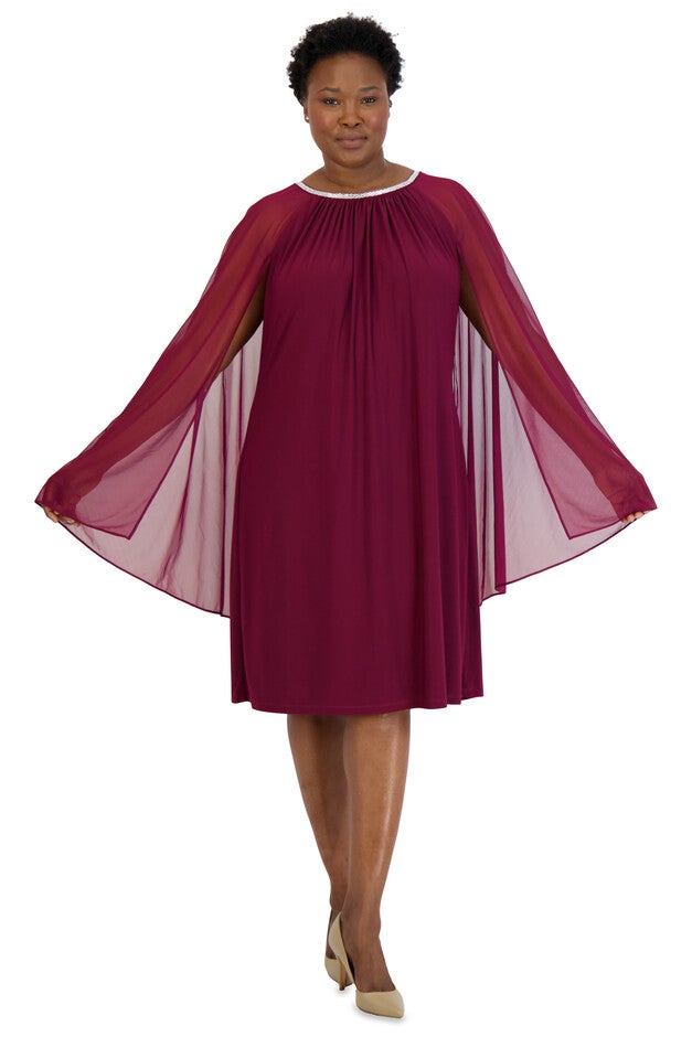 Chiffon Dress with Rhinestone Neckline and Sheer Capelet - Plus, Merlot, hi-res image number null