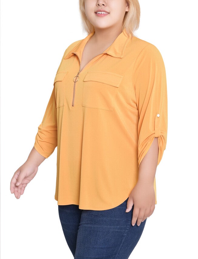 Plus Size 3/4 Roll Tab Zip Front Top, Golden Glow, hi-res image number 0