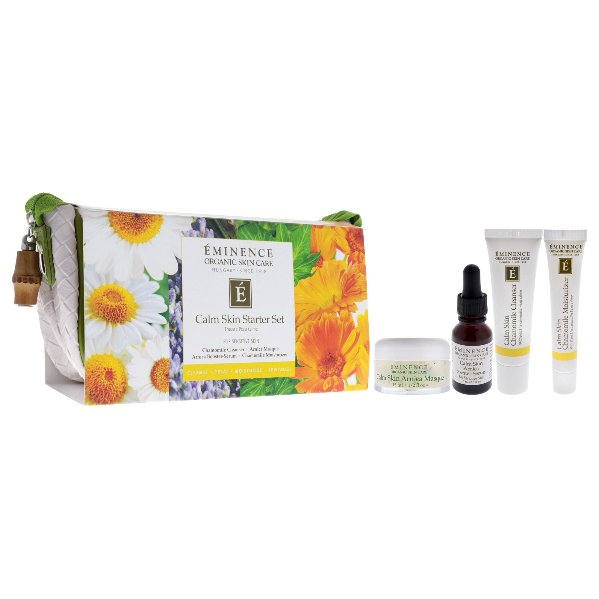 Calm Skin Starter Set by Eminence for Unisex - 5 Pc 1oz Calm Skin Chamomile Cleanser, 0.5oz Calm Skin Chamomile Moisturizer, 0.5oz Calm Skin Arnica Masque, 0.5oz Calm Skin Arnica Booster-Serum, Cosmetic Bag, White, alternate image number 2