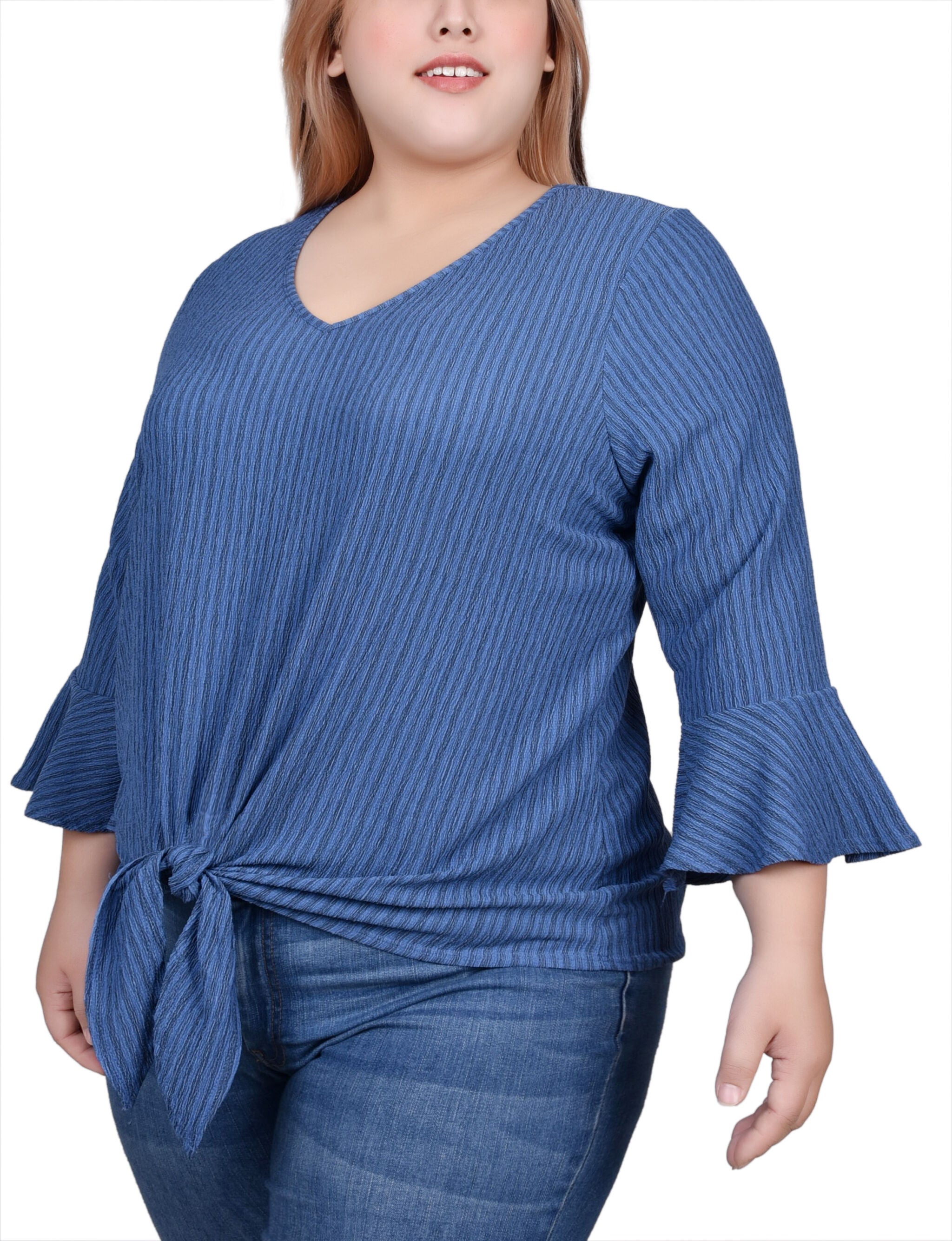 3/4 Bell Sleeve Textured Knit Top, Navy, alternate image number 2