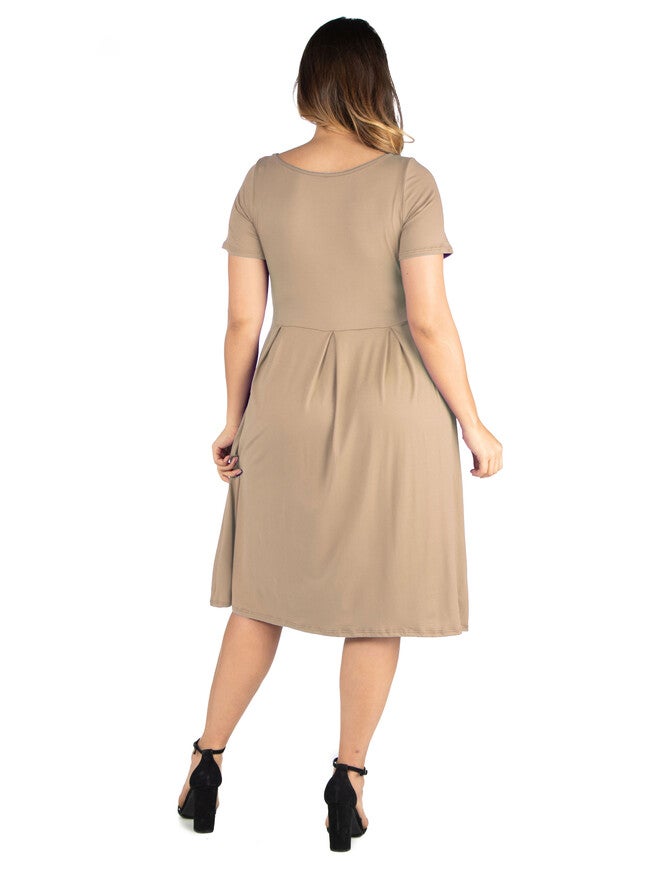 Short Sleeve Plus Size Midi Skater Dress With Pockets, , alternate image number 1