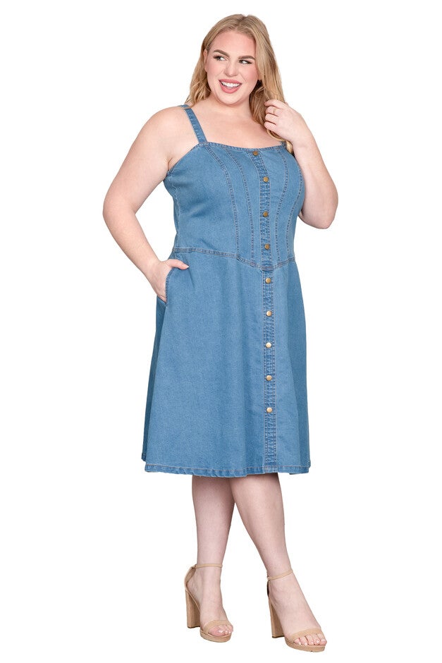 Straps Button Front Denim Midi Dress, Blue Blast / Light Blue, alternate image number 3