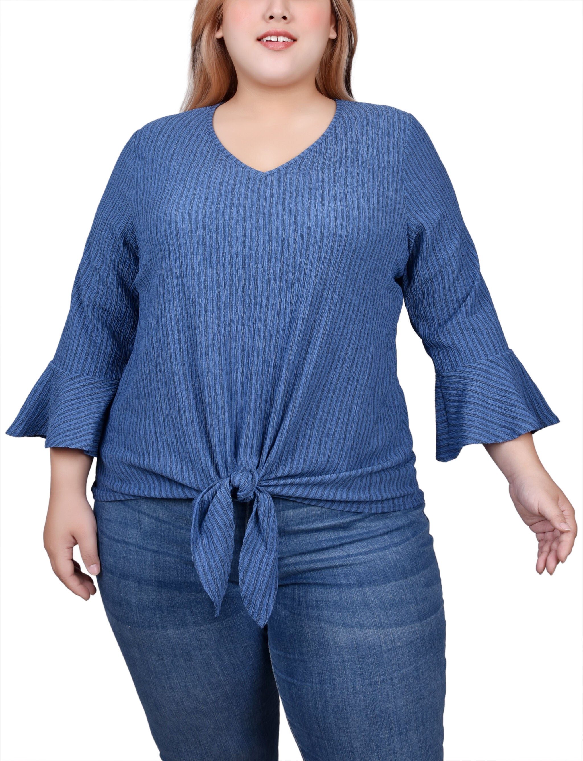 3/4 Bell Sleeve Textured Knit Top, Navy, hi-res image number 0