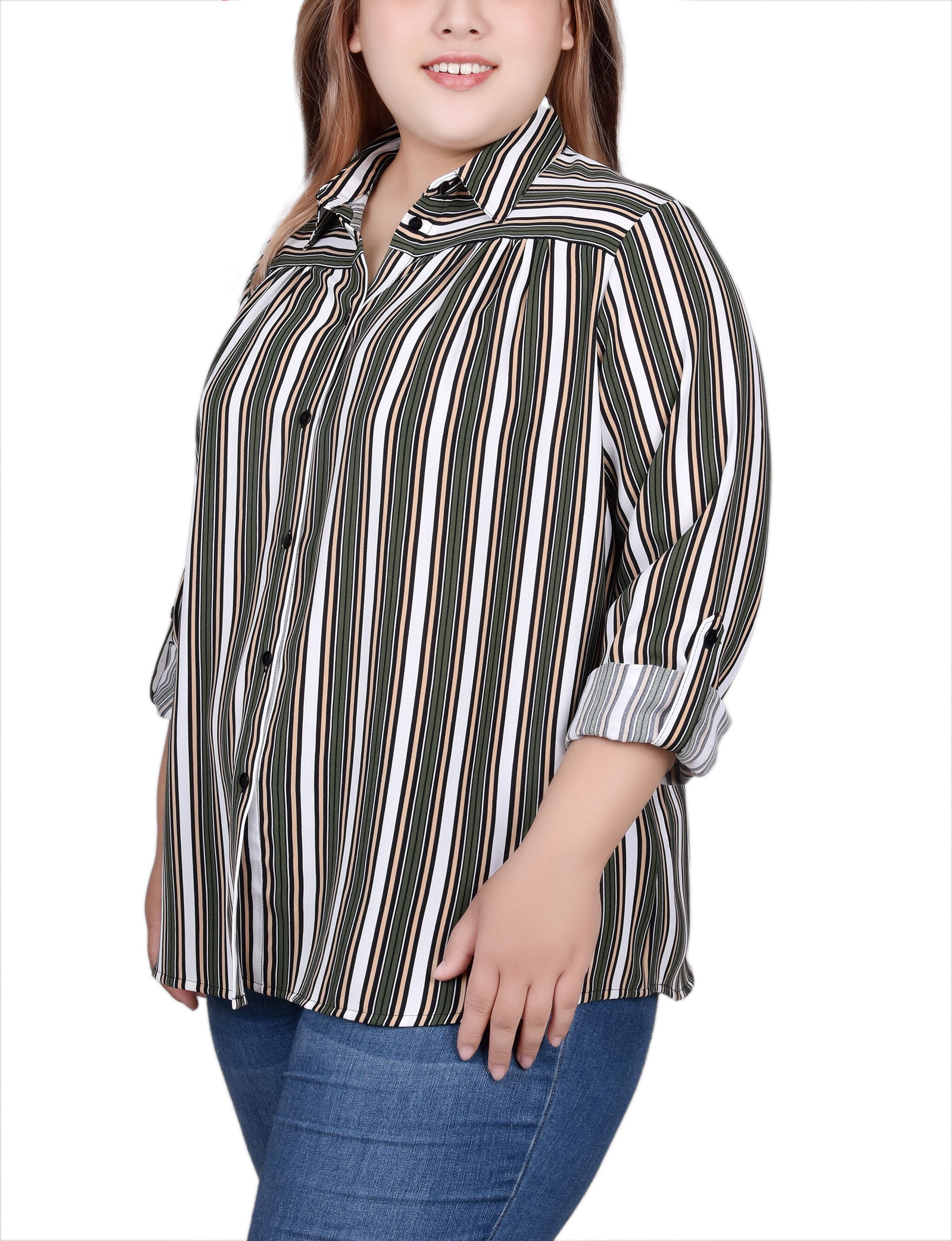 Long Roll Tab Sleeve Blouse, White Olive Stripe / white, alternate image number 1