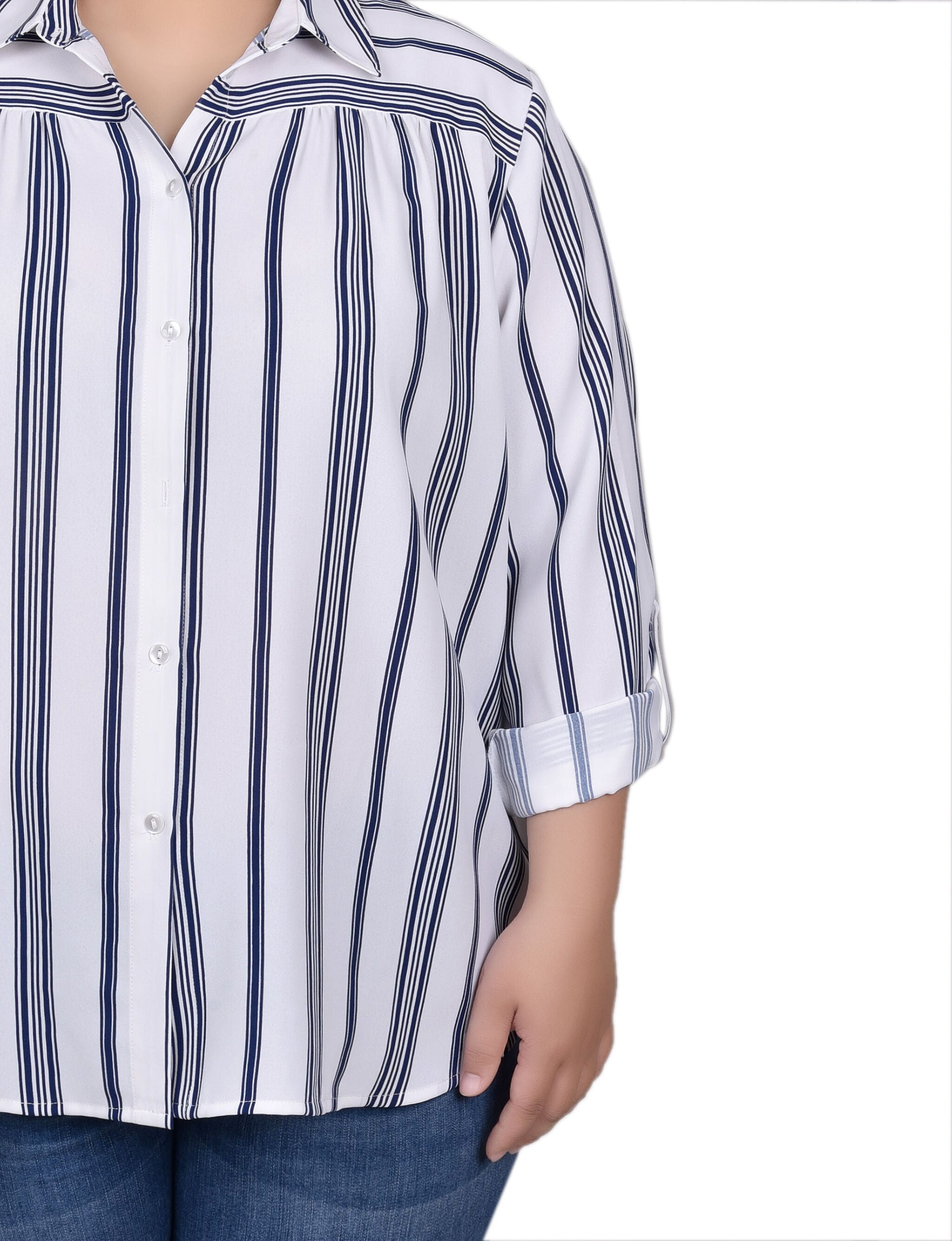Long Roll Tab Sleeve Blouse, White Navy Stripe / white, alternate image number 2