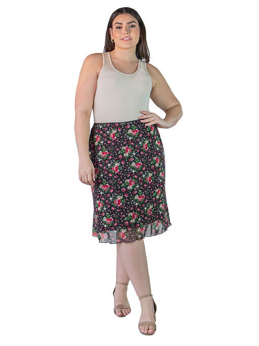 Plus Size Black Floral Sheer Overlay Elastic Waist Knee Length Skirt