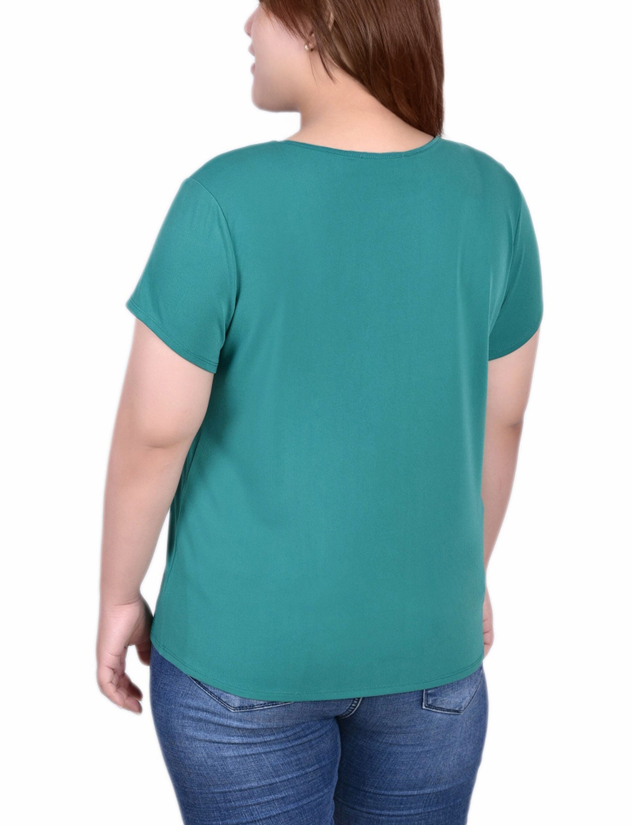 Short Sleeve Illusion Neck Top, Emerald, alternate image number 2