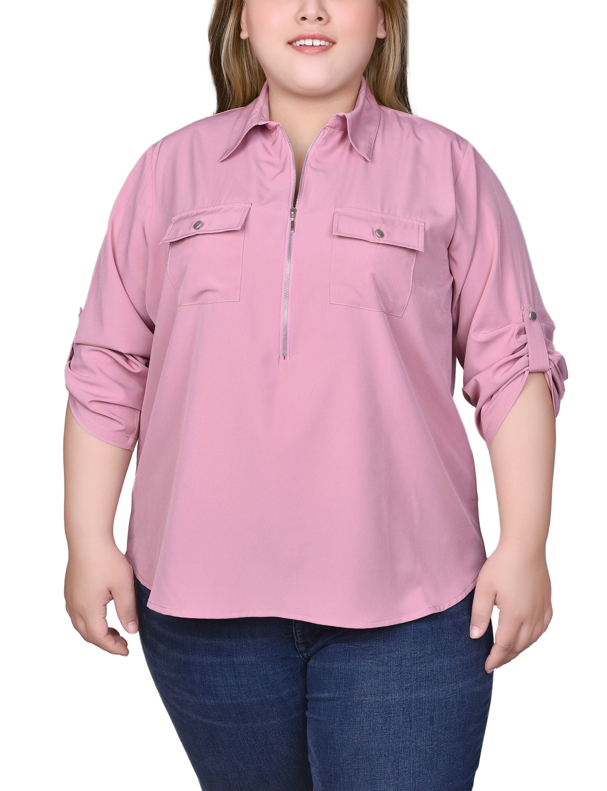 3/4 Roll Tab Sleeve Zip Front Top, Lilas, hi-res image number 0