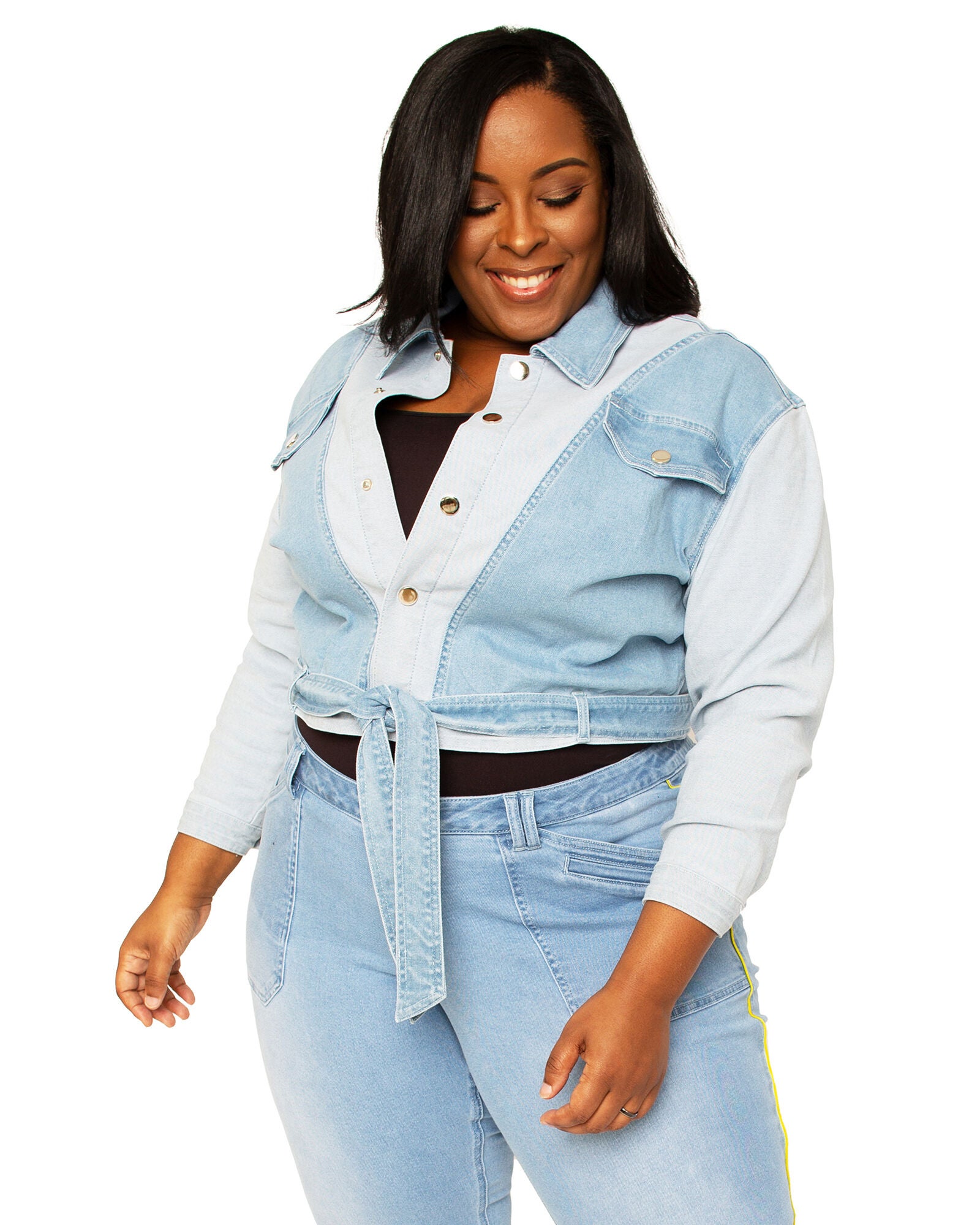 Shay Women's Plus Size Belted Dual Shade Denim Cocoon Trucker Jacket, 3209 Blue / Light Wash, hi-res image number 0