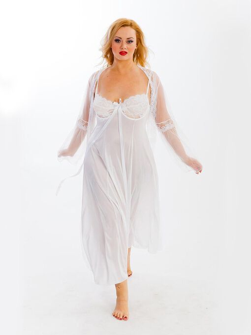 Long Gown Peignoir Set, White, hi-res image number null