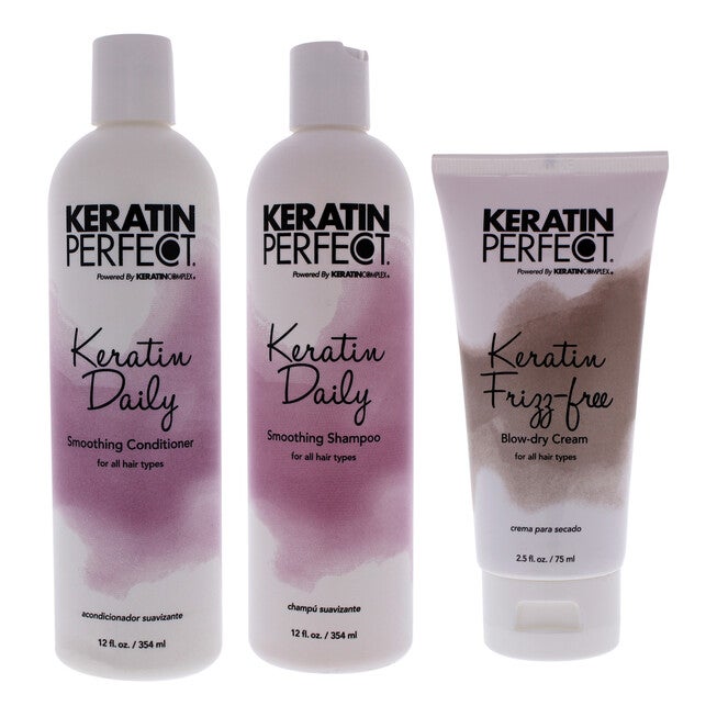 Keratin Daily Kit by Keratin Perfect for Unisex - 3 Pc Kit 12oz Shampoo, 12oz Conditioner, 2.5oz Frizz-Free Bow Dry Cream, See Description, hi-res image number 0