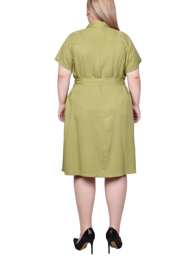 Short Sleeve Safari Style Dress, Olive Green, alternate image number 1