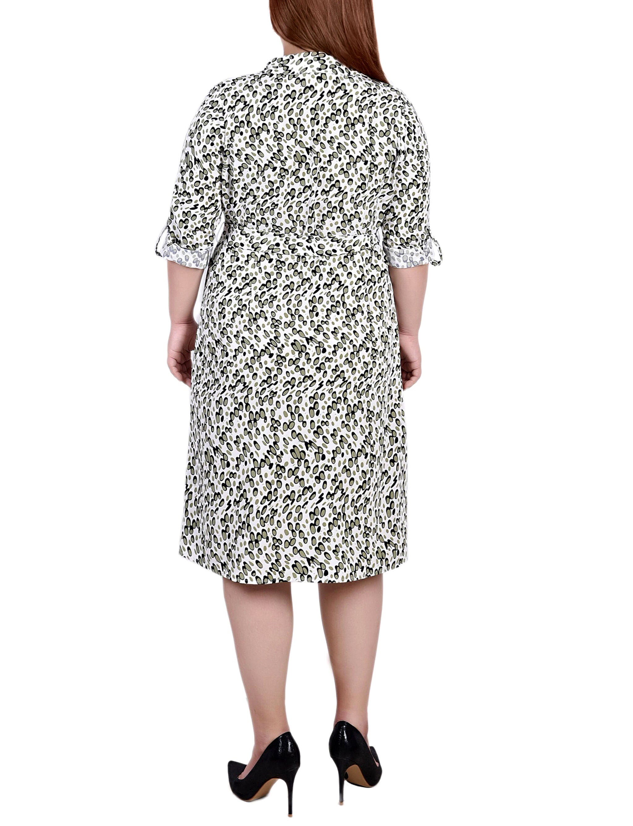 3/4 Roll Tab Sleeve Belted Shirtdress, Ivory Olive Cells, alternate image number 2