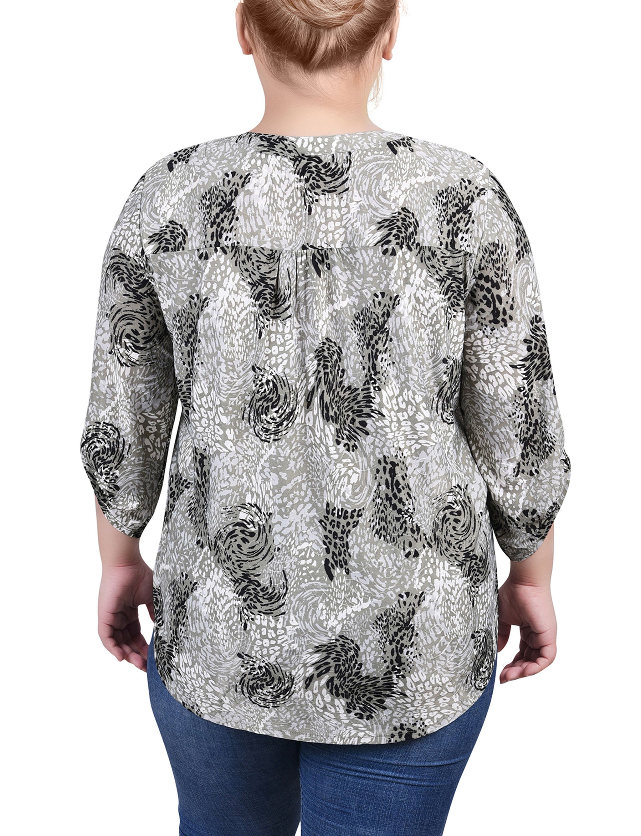 3/4 Sleeve Roll Tab Y Neck Top, Shadow Black Animal, alternate image number 2