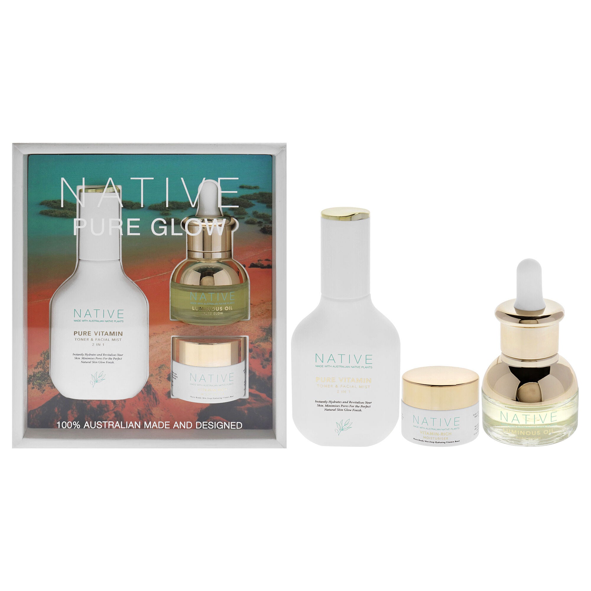 Native Pure Glow Kit by Klara for Women - 3 Pc 1.35 Pure Vitamin Toner and Facial Mist, 0.5oz Vitamin Rich Moisturizer, 0.5oz Luminous Oil Pure Glow, See Description, hi-res image number 0