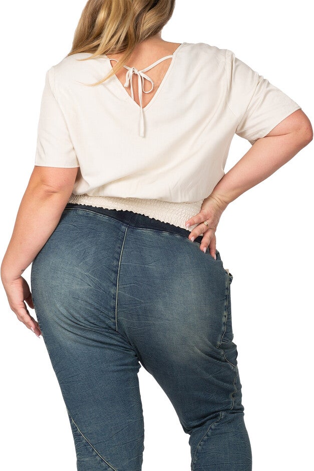 Women's Plus Size V Neck Short Sleeve Smocking Waist Blouse, , alternate image number null