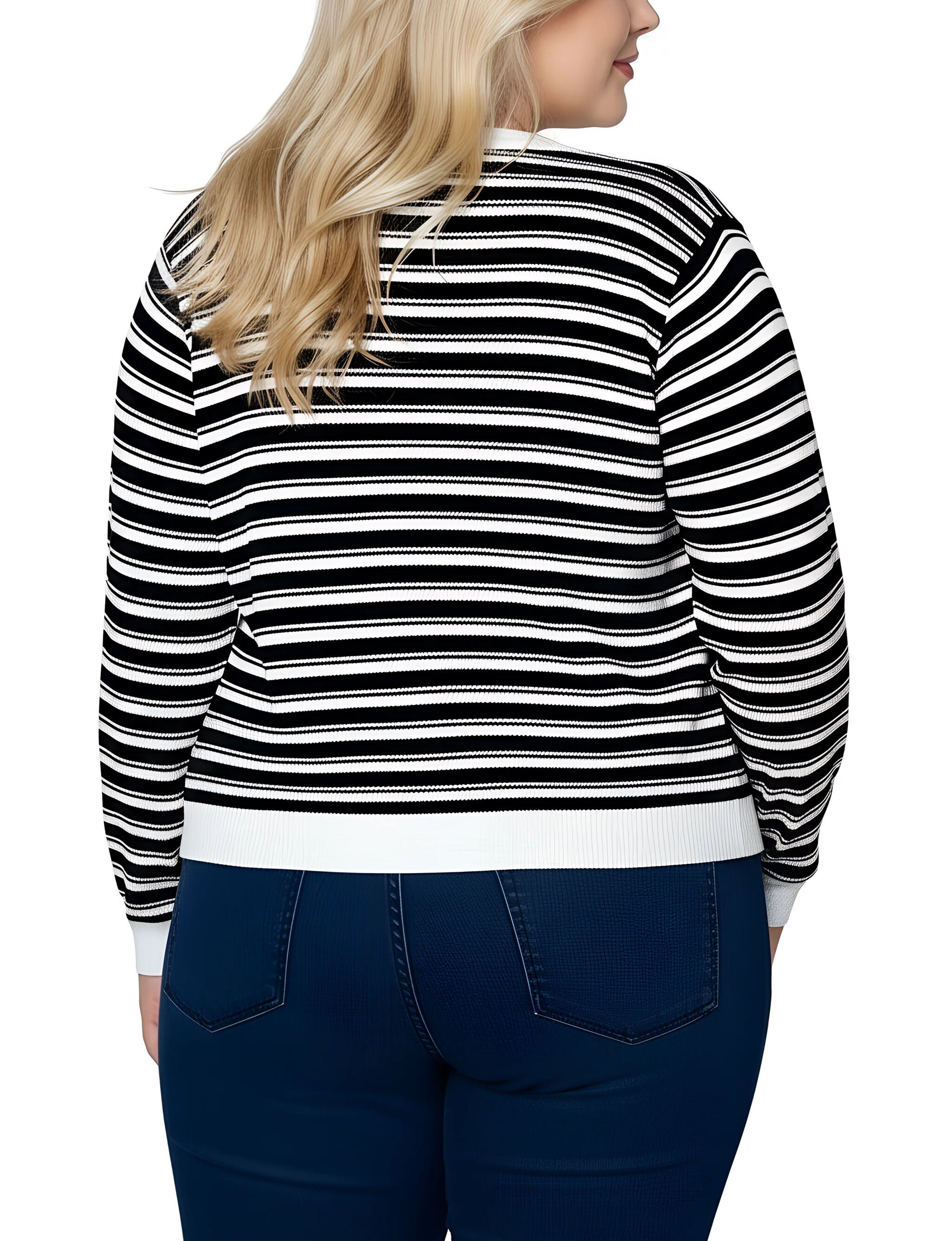 Plus Size Long sleeve Ribbed Cardigan, Black White Stripe, alternate image number 3