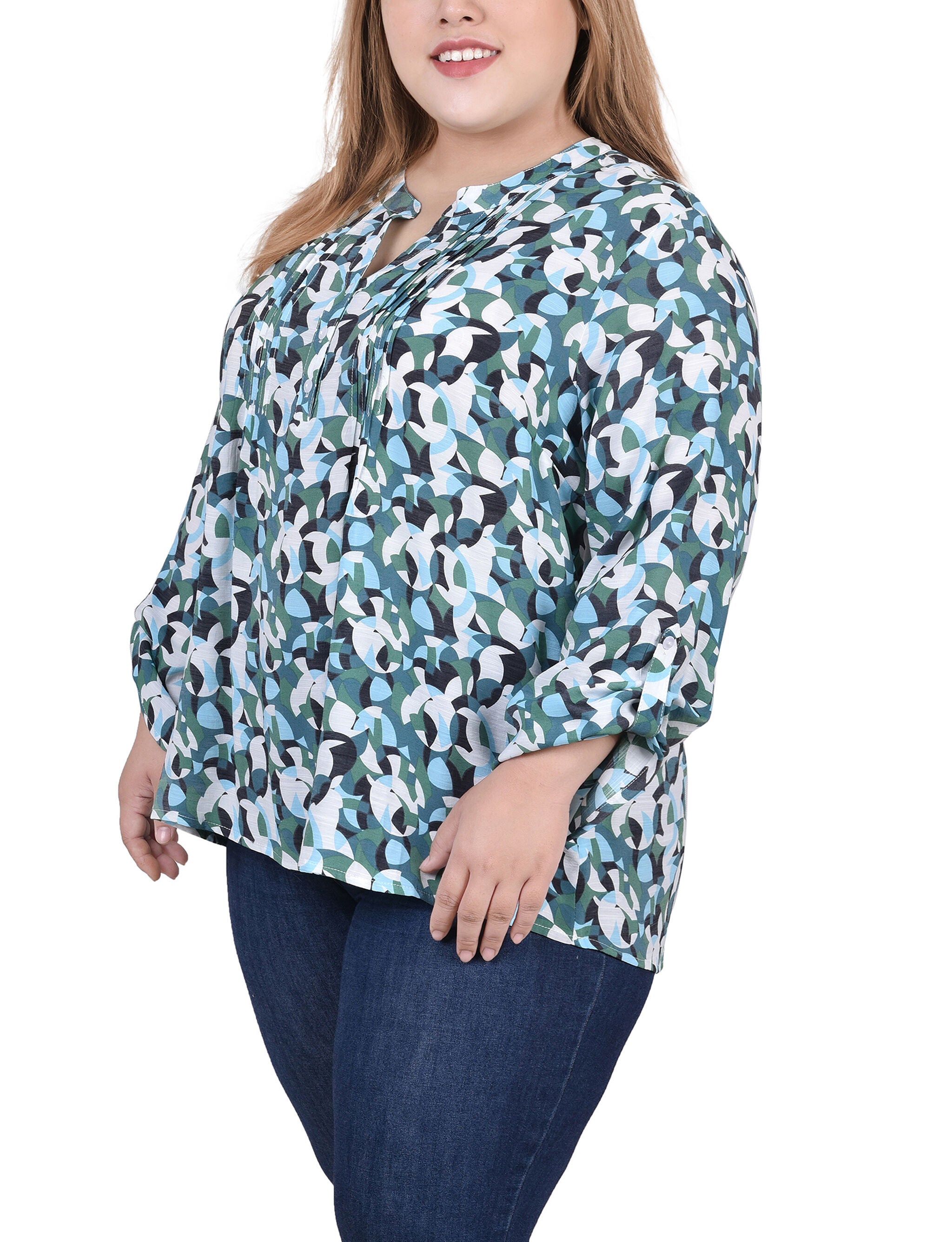 Long Roll Tab Sleeve Pintuck Front Blouse, Green Black Geo, alternate image number 1