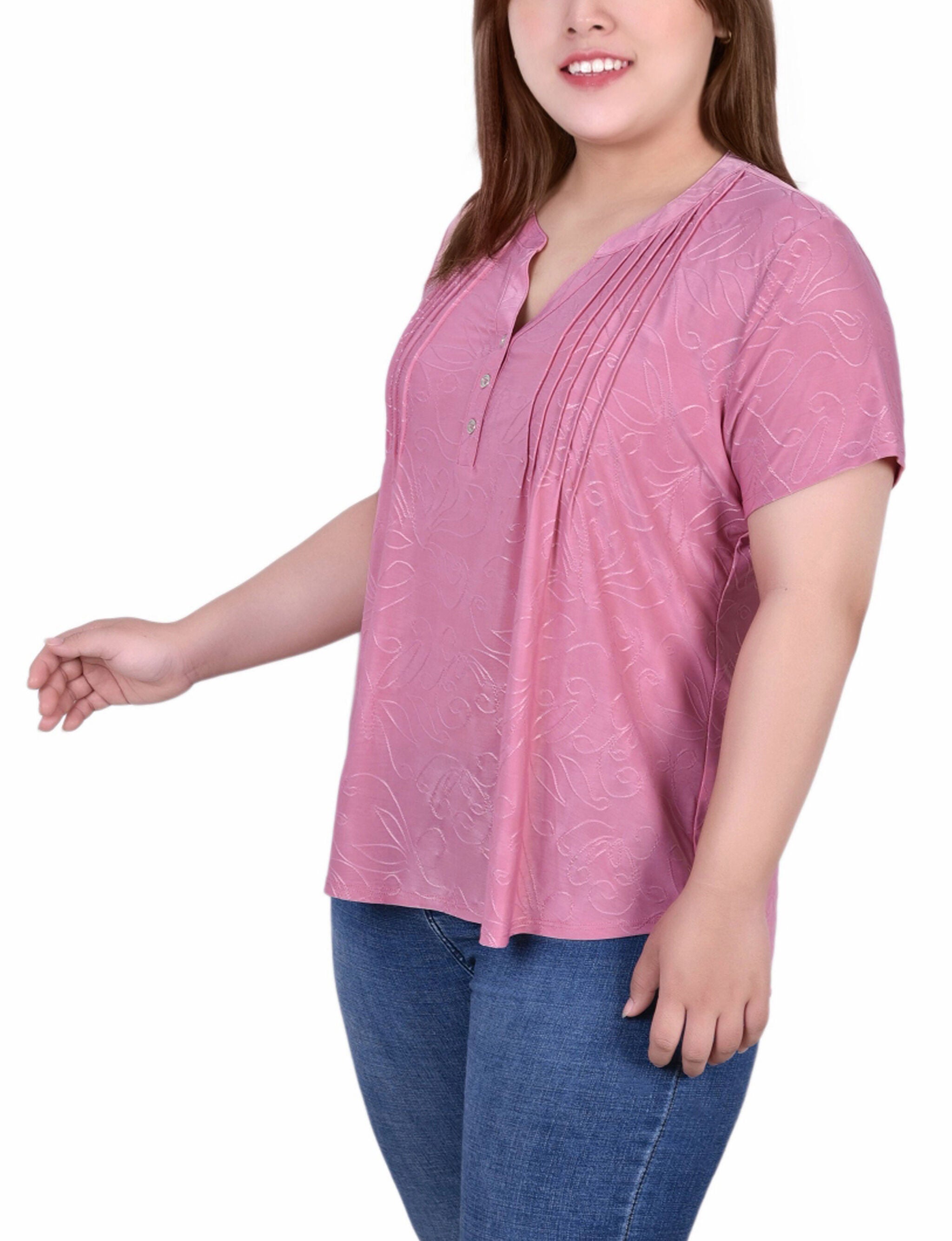 Short Sleeve Y Neck Jacquard Knit Top, Polignac, alternate image number 1