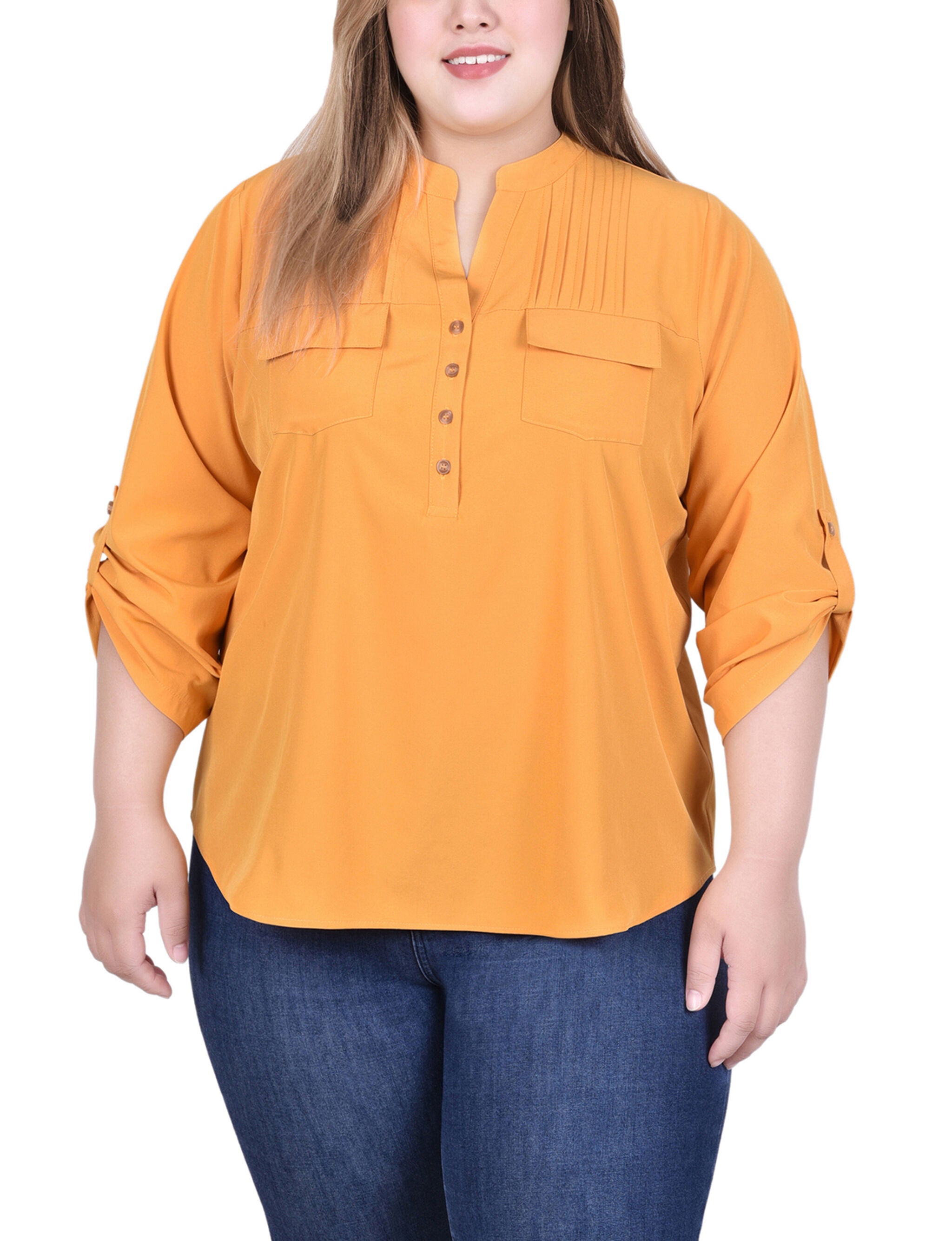 Long Tab-Sleeve Blouse With Pockets, Golden Glow, hi-res image number 0