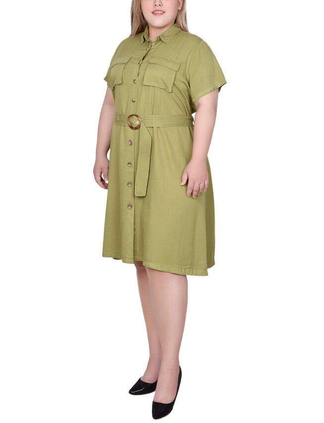 Short Sleeve Safari Style Dress, Olive Green, alternate image number 2