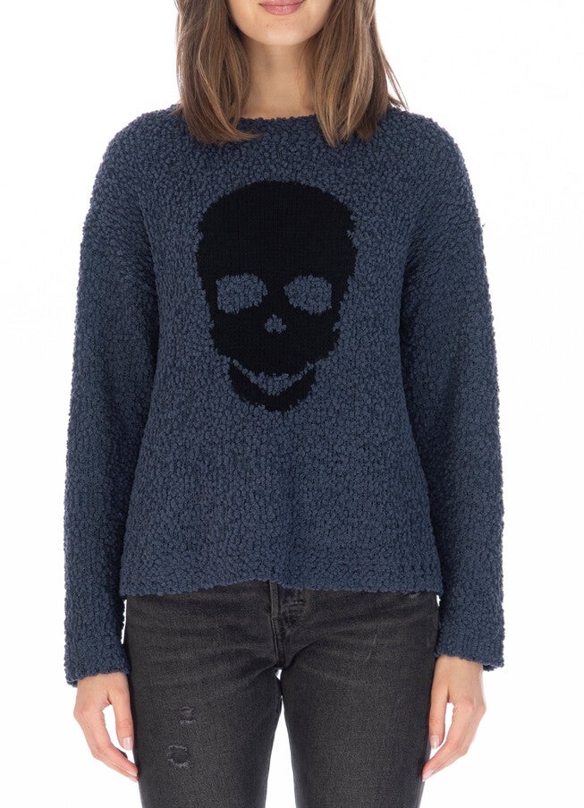 Skull Crew Neck Popcorn Yarn Sweater, Indigo/Black, hi-res image number null